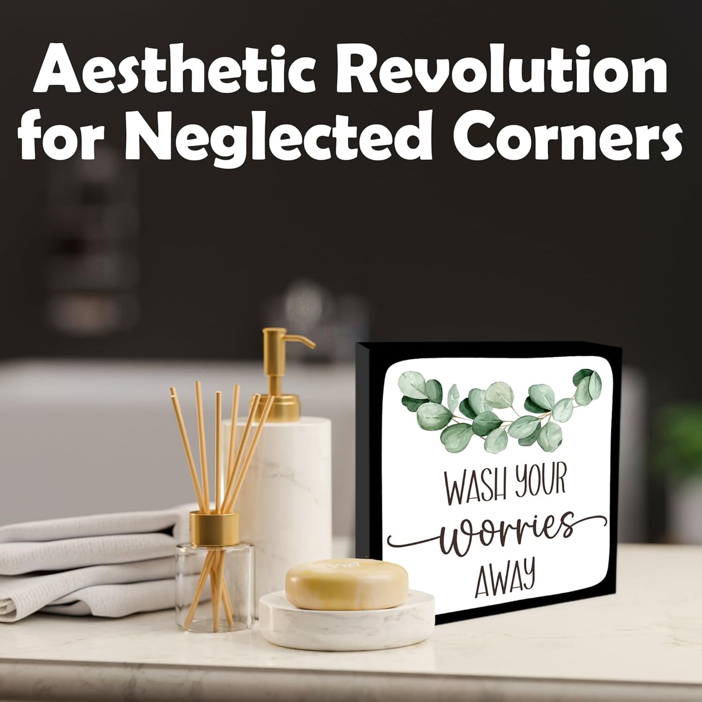 Wash Your Worries Away Wooden Block Sign - 5" Eucalyptus Leaves Wooden Plaque Tabletop Decor - Rustic Farmhouse Wood Sign Gifts For Friends Family Coworker- Bathroom Toilets Desk Decor & Supplies -B16