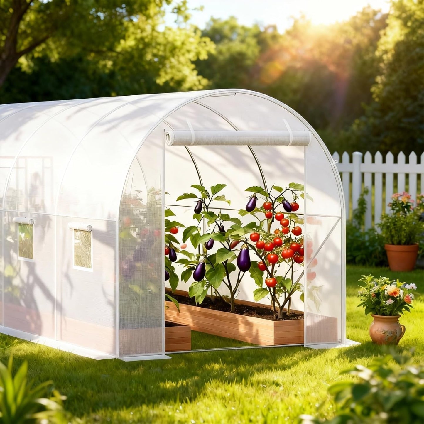 Outdoor Walk-in Tunnel Greenhouse, 15x7x7 ft Large Hoop Garden Plant Hot House with Roll-Up Zipper Door, 8 Screen Mesh Windows, Galvanized Steel Frame & White PE Cover for Backyard Plants Shed