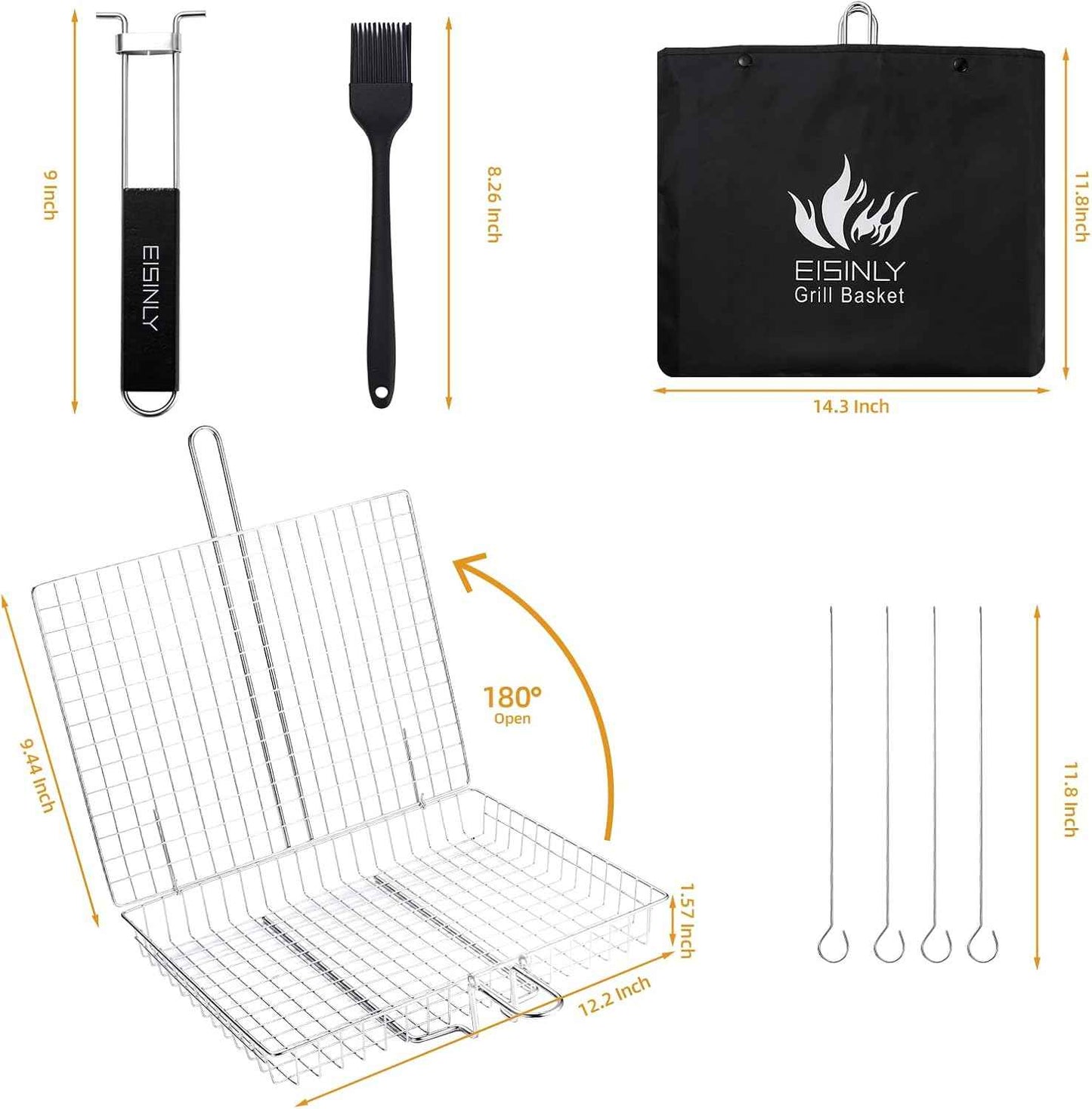 Portable Grill Basket, EISINLY BBQ Grilling Basket for Outdoor Grill with Removable Handle, Stainless Steel Camping Cooking Grill Accessories for Chicken Fish Vegetable