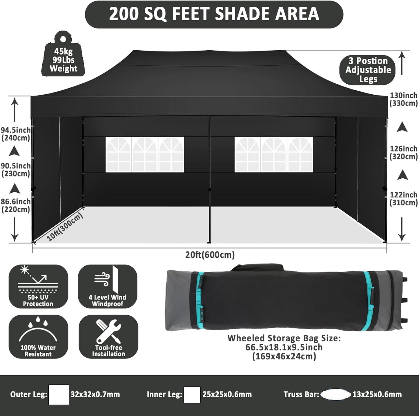 COBIZI 10x20 Pop Up Canopy with 6 Sidewall,Heavy Duty Canopy UPF 50+ All Season Wind Waterproof Commercial Outdoor Wedding Party Tents for Parties Gazebo with Roller Bag(10 x 20 ft Black)