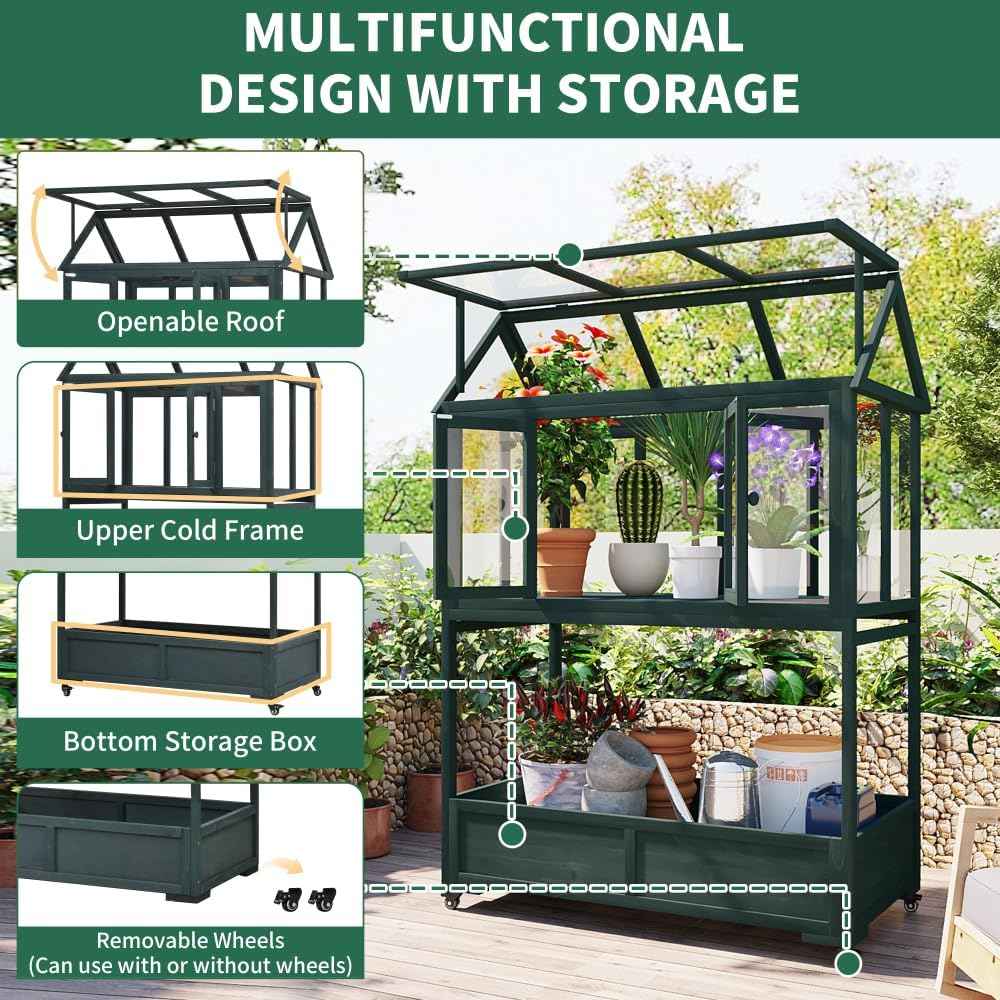Garden Wood Portable Cold Frame with Movable Wheels Mini Greenhouse with Openable Roof and Storage Box (Green)