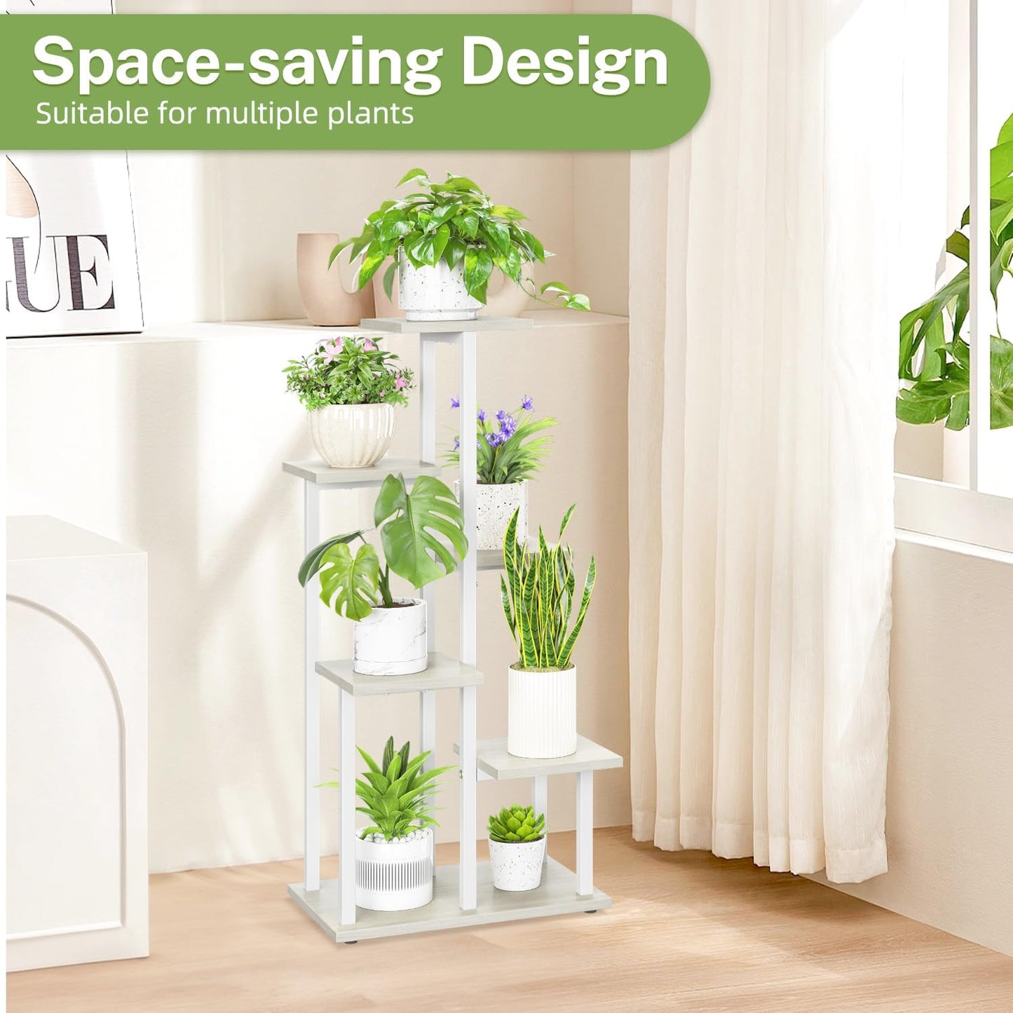 iDavosic.ly 6 Tier Plant Stand Indoor, Tiered Corner Plant Shelf for Multiple Plants, Metal Wood Tall Plant Display Rack Flower Holder for Patio Porch Garden Balcony Bedroom, White