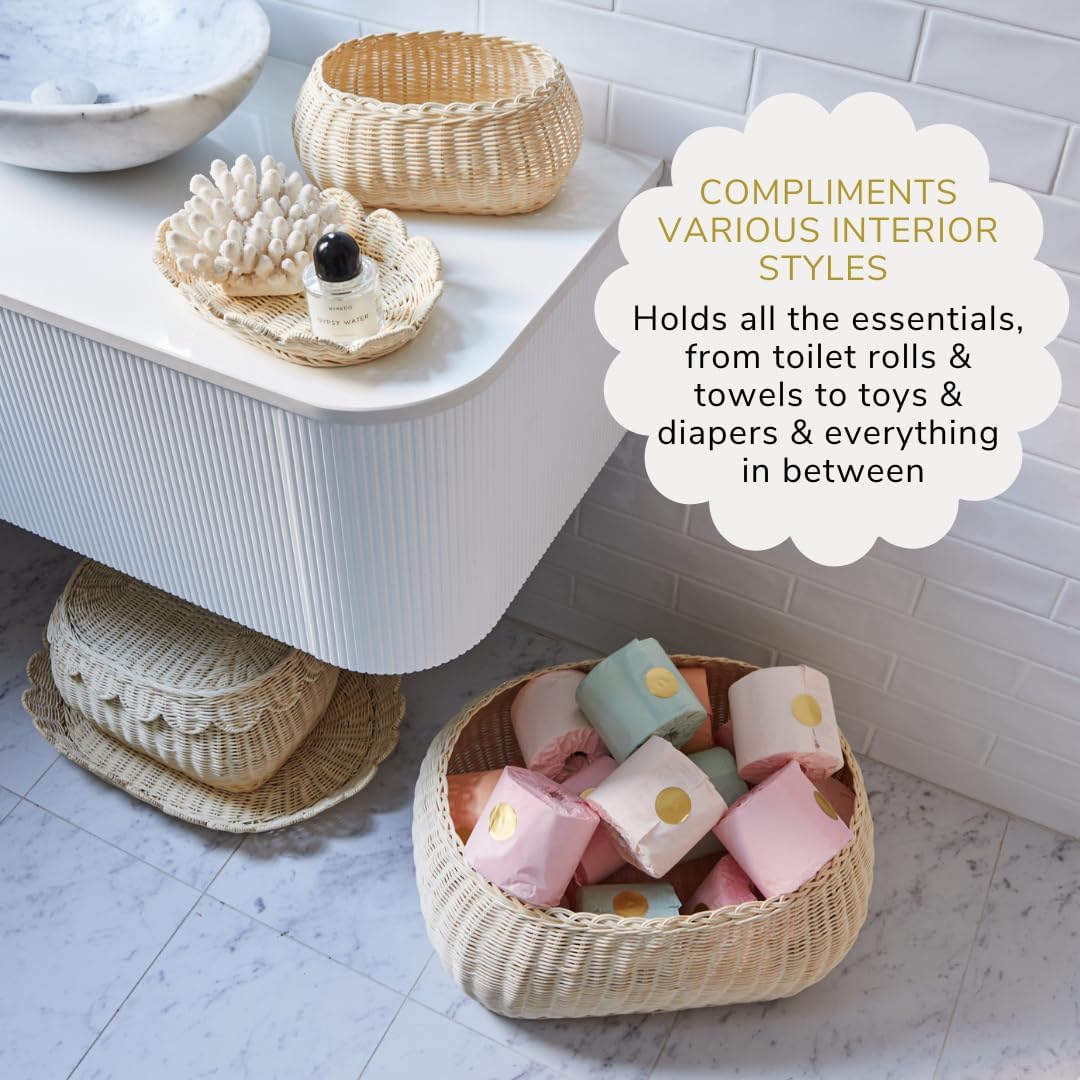 BEBE BASK Large Scalloped Basket Set Of 3 - Hand-Woven & Award-Winning Scallop Basket - XL - Extra Large for Blankets 22 x 16 x 10 In - Elegant Wicker With Scalloped Edge Lid (Natural)