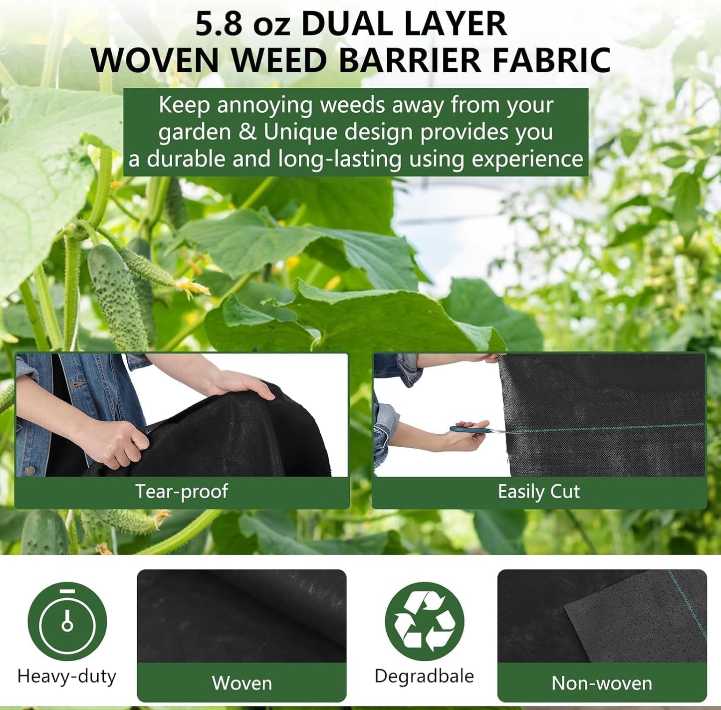 PioneerWorks Woven Landscape Fabric 5.8oz, 4 x 100FT Weed Fabric Barrier, Double Layer, Weed Control Fabric Ground Cover, Garden Fabric Weed Barrier, Gardening Mat for Garden Beds, Landscap