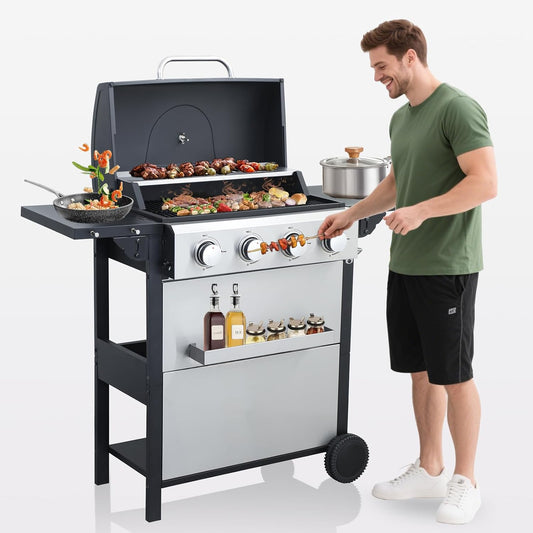 4-Burner Propane Gas BBQ Grill with Porcelain-Enameled Cast Iron Grates, 2 Foldable Side Table, 34,200 BTU Stainless Steel Grill for Outdoor Camping Barbecue Grilling Backyard Cooking