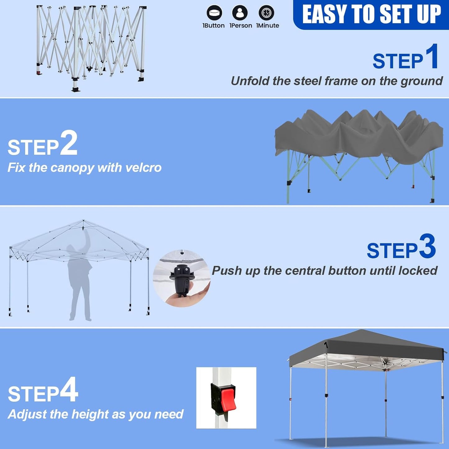 Pop Up Canopy Tent, 10x10 Outdoor Shade, One Push Instant Outdoor Canopy, Easy Set Up Tent, Portable Instant Beach Canopy Tents, Sun Shelter for Events, Parties, Camping