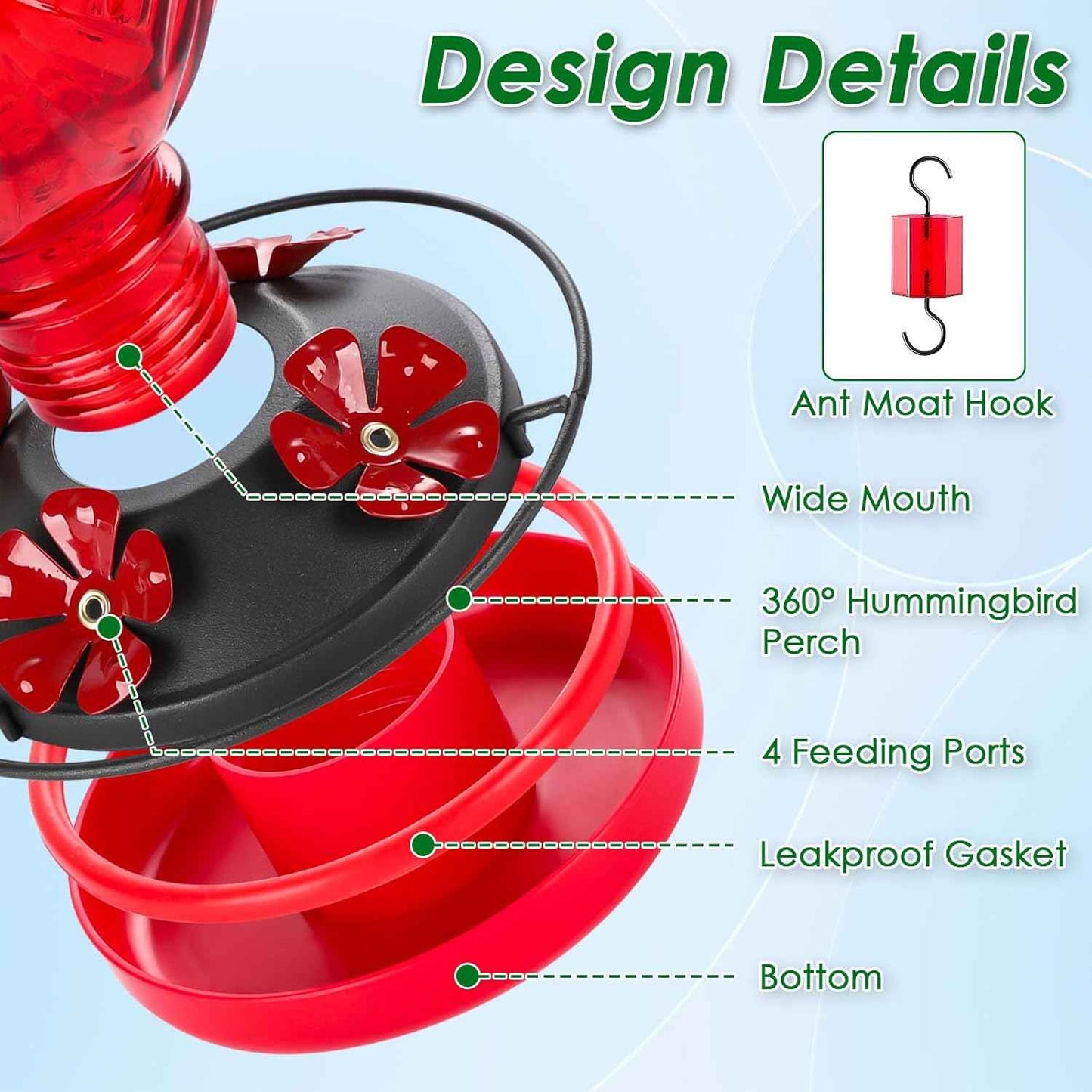 Glass Hummingbird Feeder for Outdoors Hanging, 20oz Bird Nectar Feeder with 4 Bee Guard Flower-Shaped Feeding Ports & Built-in Ant Moat, Easy to Clean, for Bird Lover,1 Pack, Red
