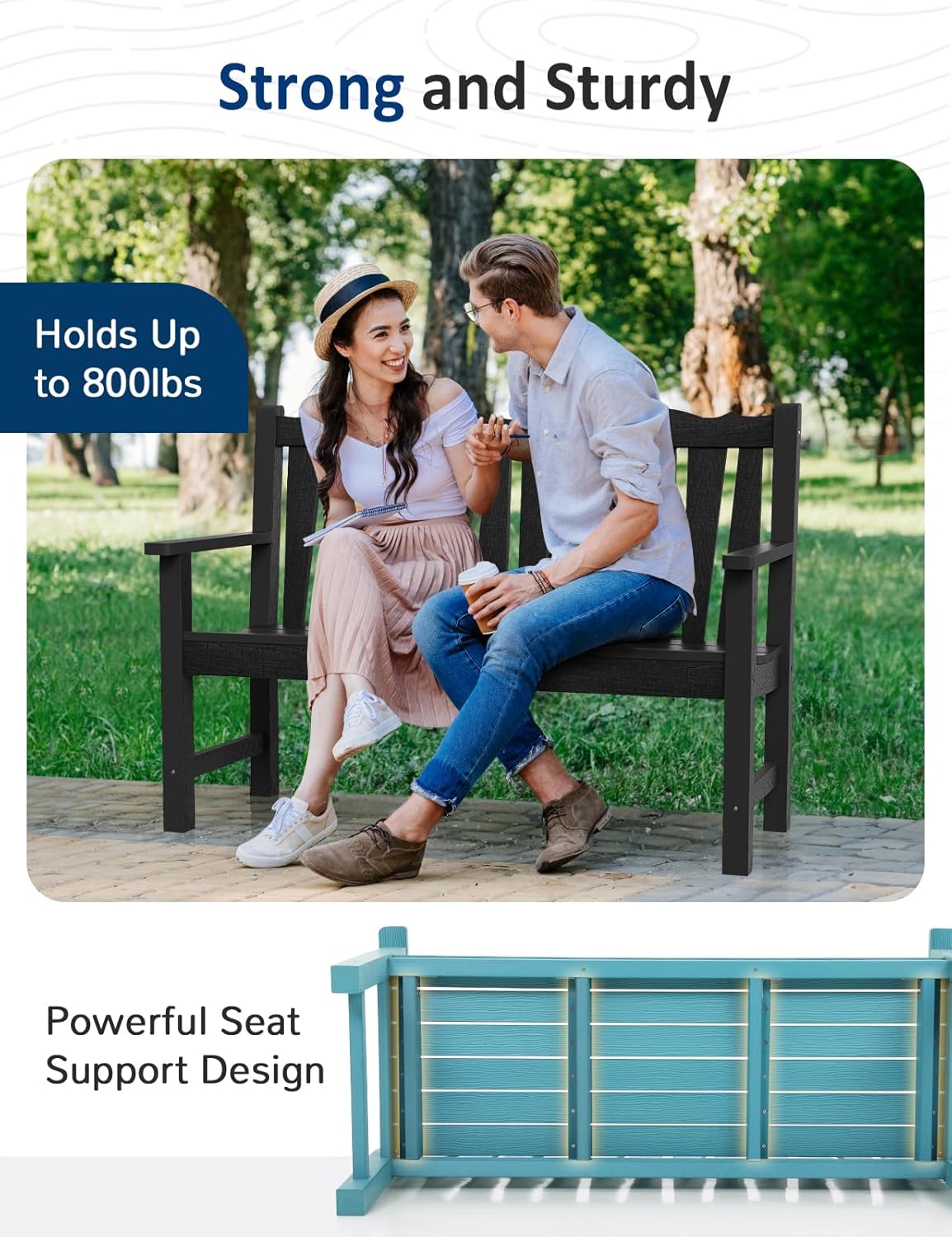 Outdoor Bench Weatherproof, 2-Person Garden Benches for Outdoors, All Weather HIPS Patio Bench Holds up to 800lbs, Never Rot or Fade, Comfort Bench for Porch, Garden, Patio, Backyard and Park, Black
