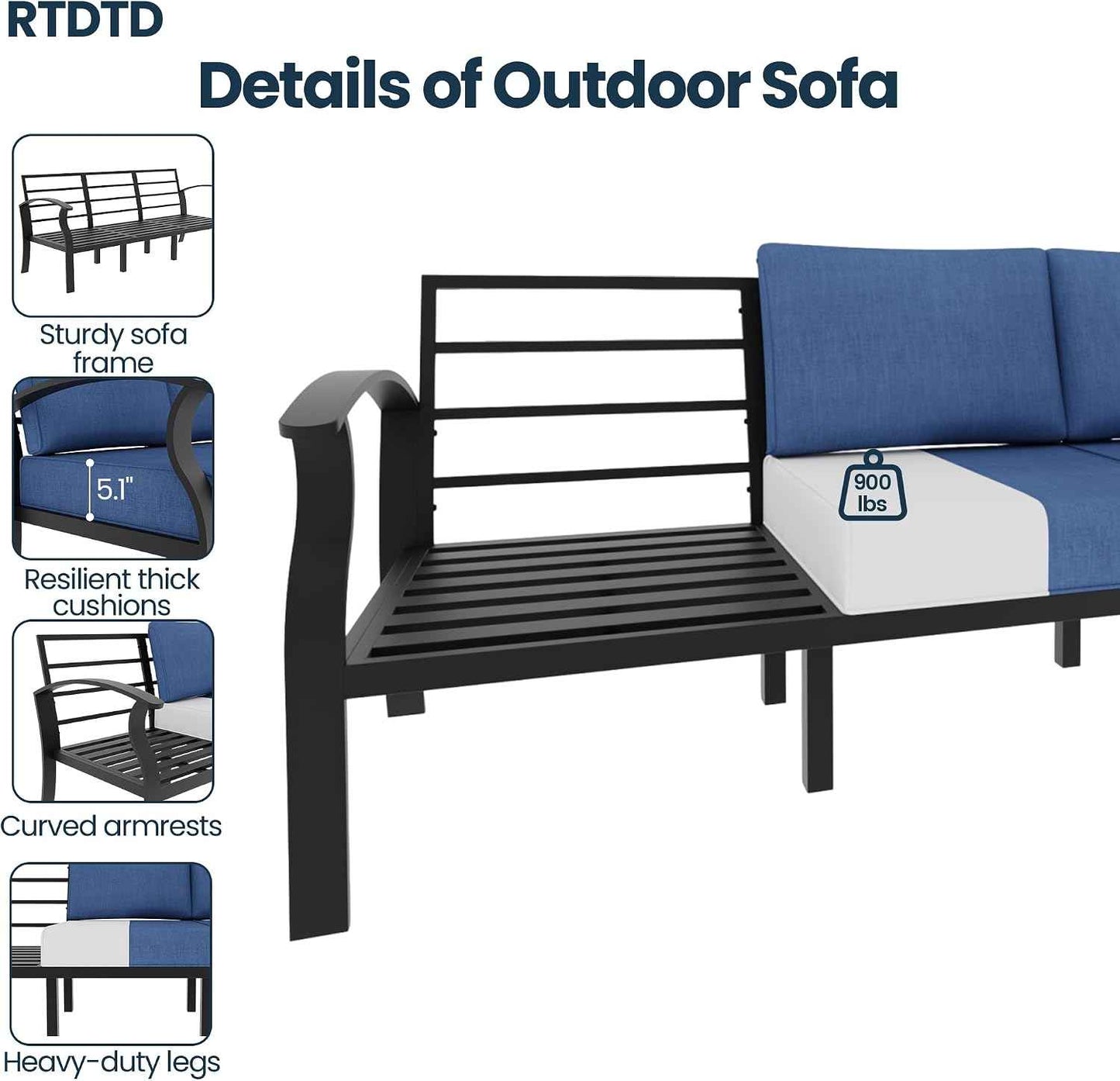 Aluminum Outdoor Patio Furniture Set,6 Pieces 7 Seats Patio Conversation Sets,Metal Patio Sectional Furniture Set with 5.1" Thickened Cushions,Swivel Rocking Chairs Set,Navy Blue