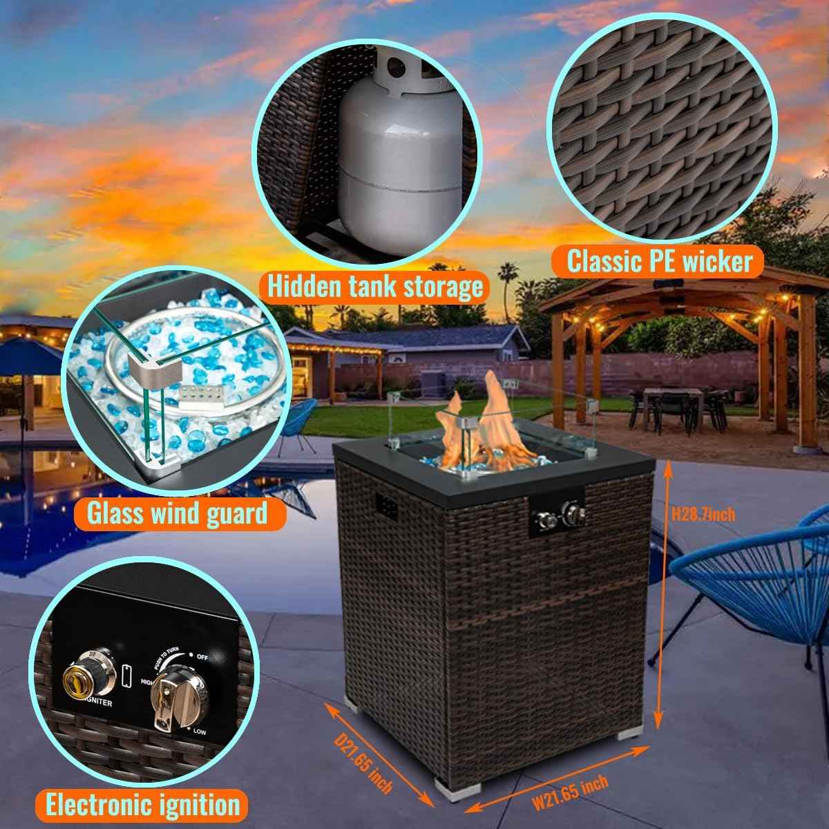 22in Outdoor Propane Gas Fire Pit Table, 40,000 BTU Auto-Ignition Gas Firepit with Glass Wind Guard, Painted Steel Tabletop, Mixed Color Glass Rocks, Brown PE Rattan