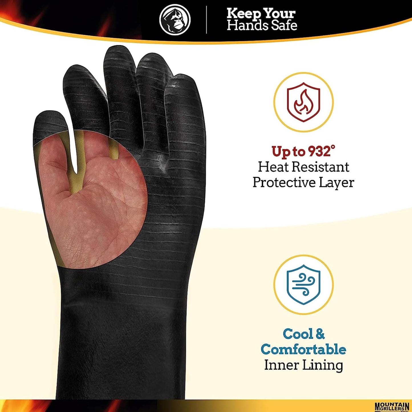 Mountain Grillers Extreme Heat Resistant Gloves for Grill BBQ High Temperature Fire Pit Gloves Barbecue Cooking, Smoker, Oven, Fryer, Grilling Waterproof, Fireproof Oil Resistant Neoprene Coating 18in