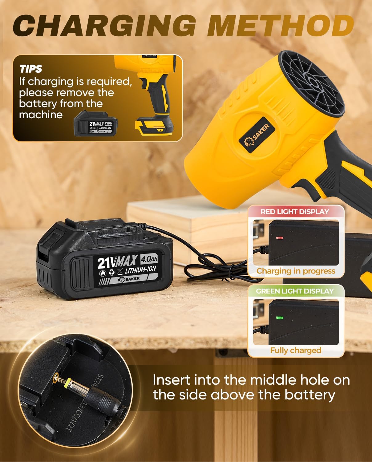 Saker Handheld Cordless Leaf Blower Portable Dust Cleaner 180000 RPM Compressed Air Duster with Adjustable Speed for Drying Patio Cleaning Camping 2 x 4.0Ah Battery Yellow