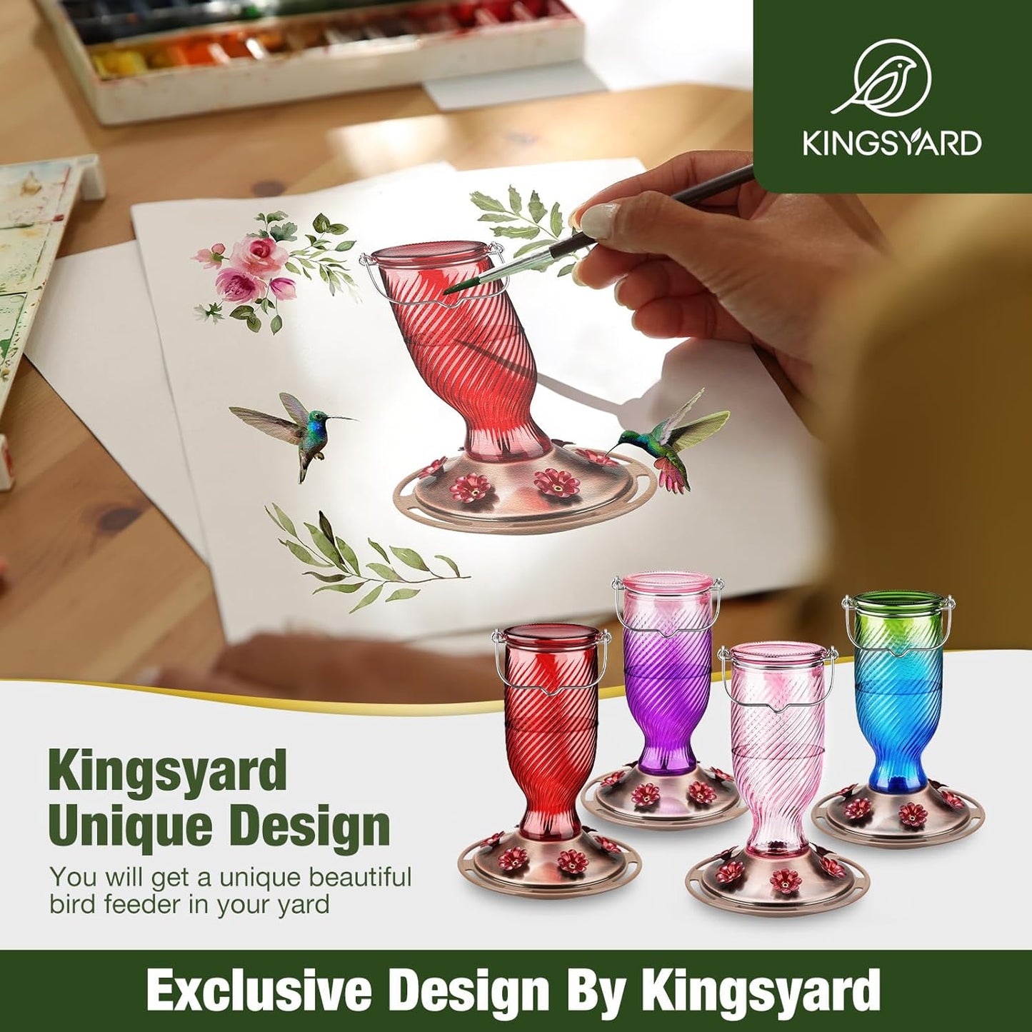 Kingsyard Glass Hummingbird Feeders for Outdoors, 24 oz Hummingbird Nectar Feeder for Garden Decorations with 6 Feeding Ports, Ant Moat Included, Gifts for Women Mom, Easy to Clean & Refill, Red