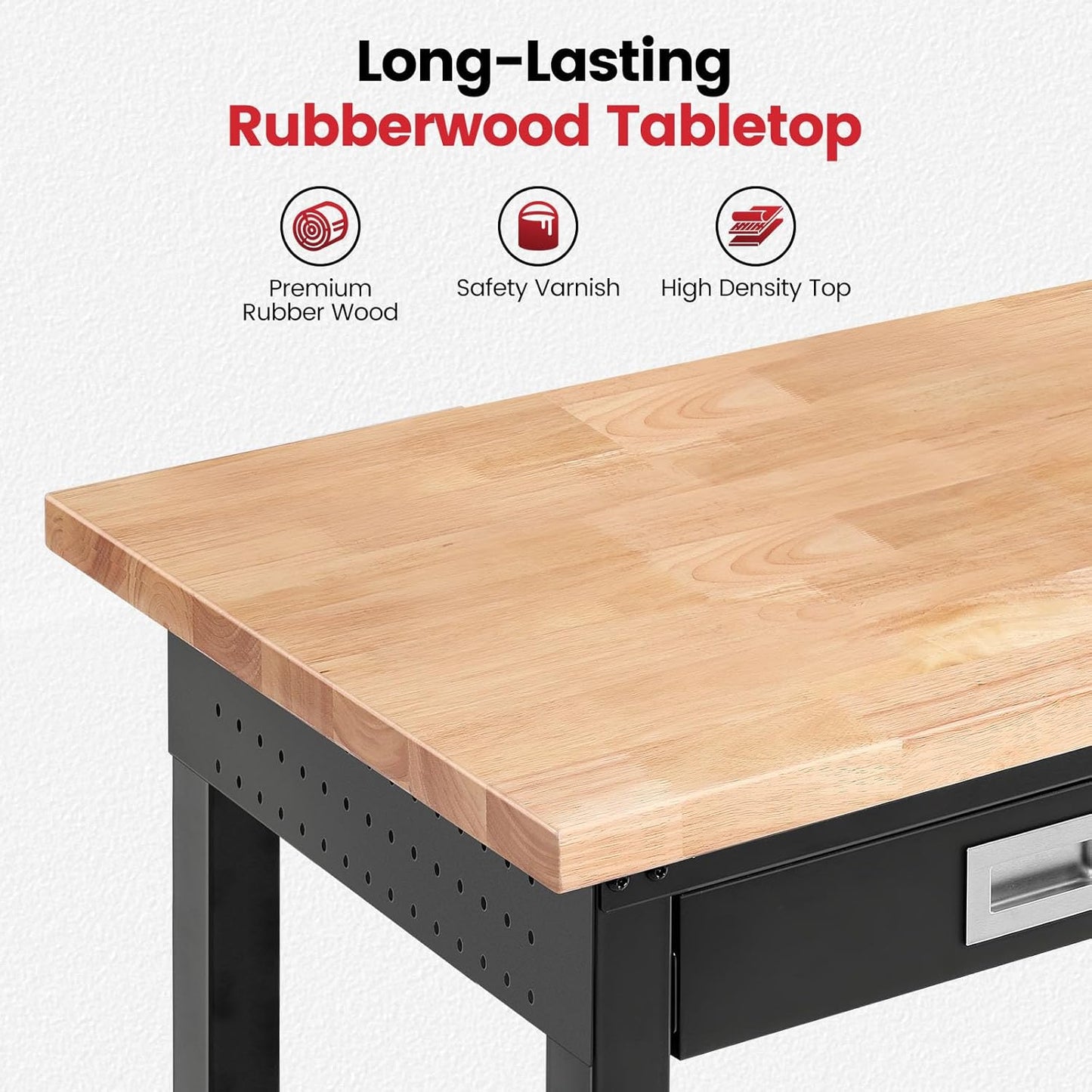 Workbench with Shelf Bracket 48 Inch Adjustable Height Work Bench for Garage Heavy Duty Rubberwood Tabletop Work Table with Drawer, Power Outlets for Woodworking, Home, Office, Workshop