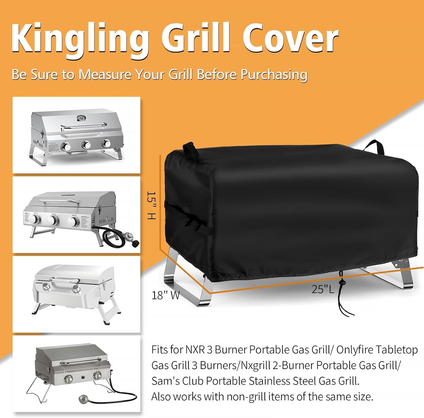 Kingling Grill Cover Fits for NXR 3 Burner Portable Gas Grill, 25 inch Waterproof Outdoor Grill Cover Barbecue Cover (Cover Only) - 25" L x 18" W x 15" H