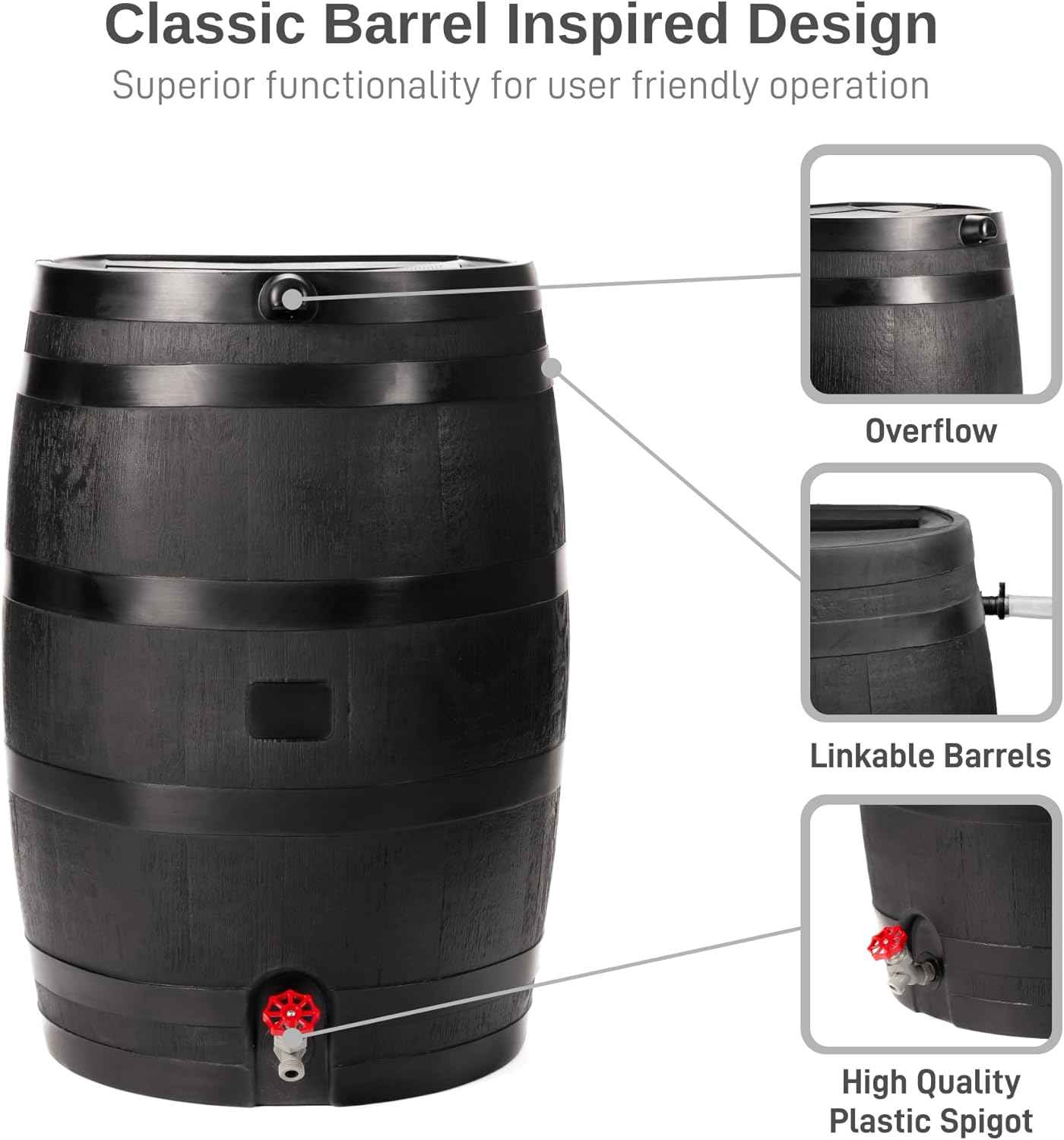 RTS Home Accents 50-Gallon ECO Rain Barrel Made with 100% Recycled Plastic, Flat Back Rain Water Collection Barrel, Black