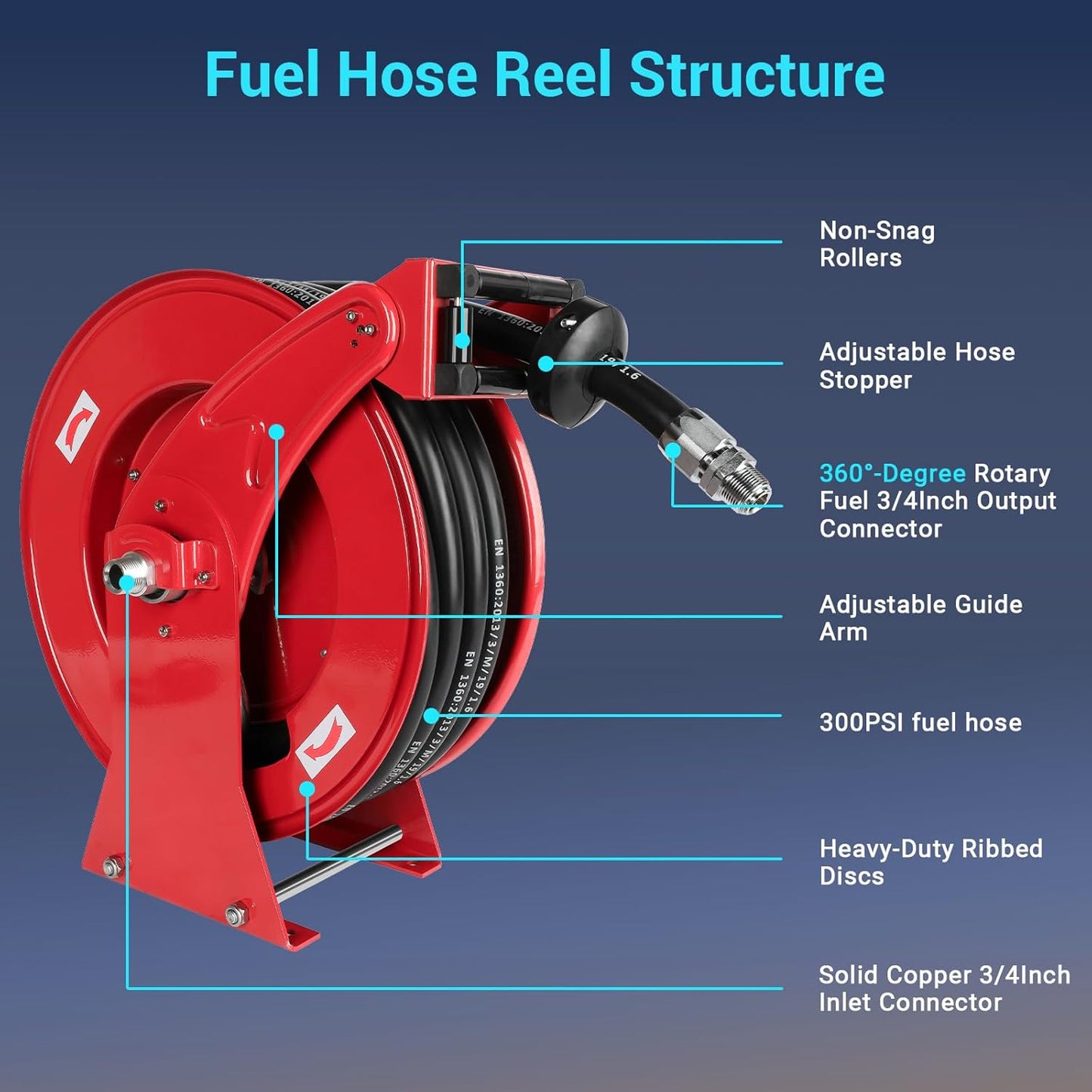 Fuel Hose Reel, 3/4" x 50FT Retractable Diesel Hose Reel, 300 PSI Industrial Heavy Duty Auto Swivel Rewind Hose Holder Reels, for Vehicle Tank Truck Trailer Ship