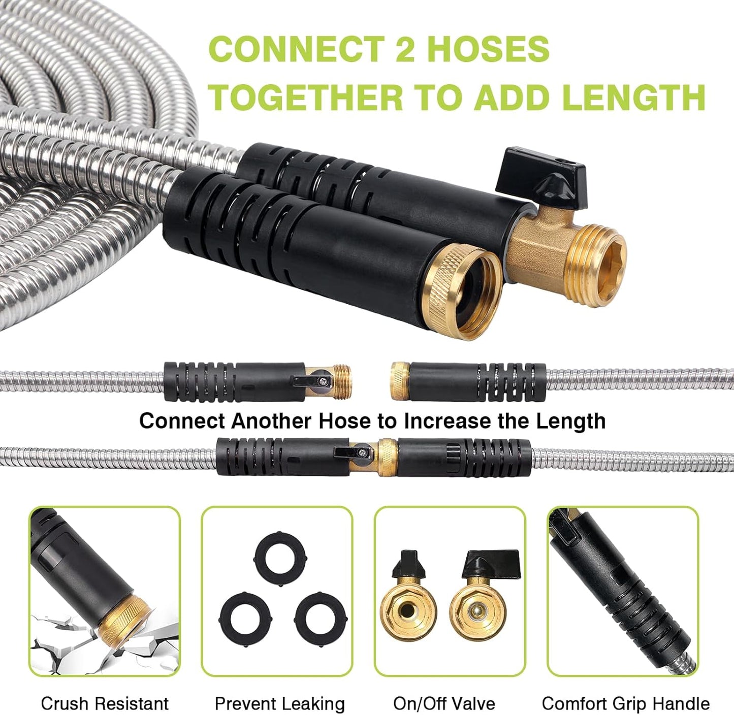 Metal Garden Hose 75FT - Heavy Duty Stainless Steel 3/4" Water Hose With 10 Function Nozzle, Lightweight, No Kink, Durable and Leak Proof Flexible Garden Hose for Yard, Outdoor