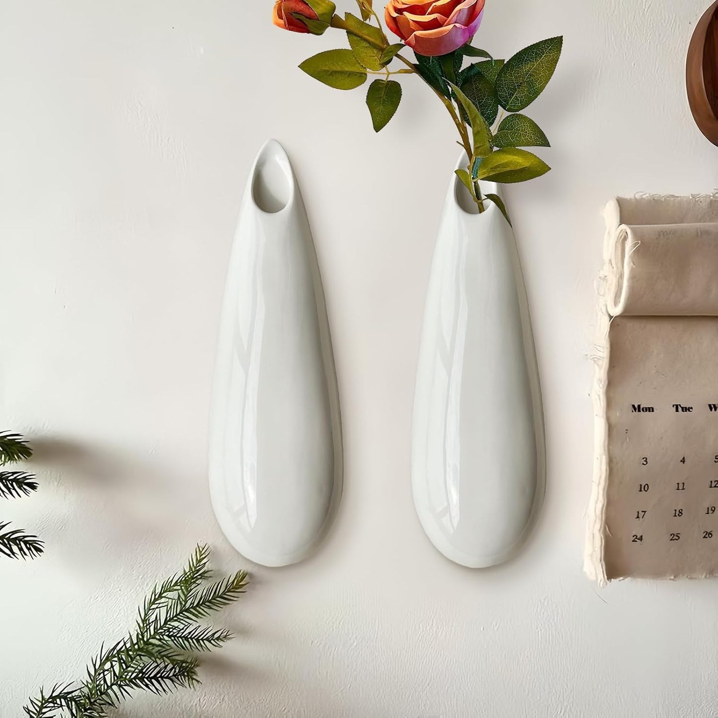 2 Pack White Ceramic Wall Vases,11.8 Inch Wall Hanging Plant Holder,Cubicle Modern Decor Plant Holder Vase for Indoor Plants, Hanging Propagation Flower Pots for Air Vases