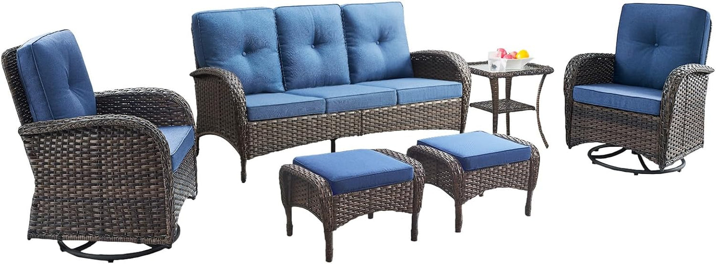 6 Piece Patio Conversation Sets - Wicker Patio Furniture Sets with Outdoor Swivel Rocker Chairs Outdoor Couch Perfect for Patio Deck Backyard, Brown Wicker Blue Cushion