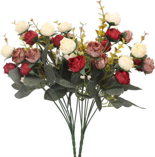 Duovlo 7 Branch 21 Mini Rose Heads Artificial Flowers Bouquet Wedding Home Office Decor,Pack of 2 (2 PCS Red)