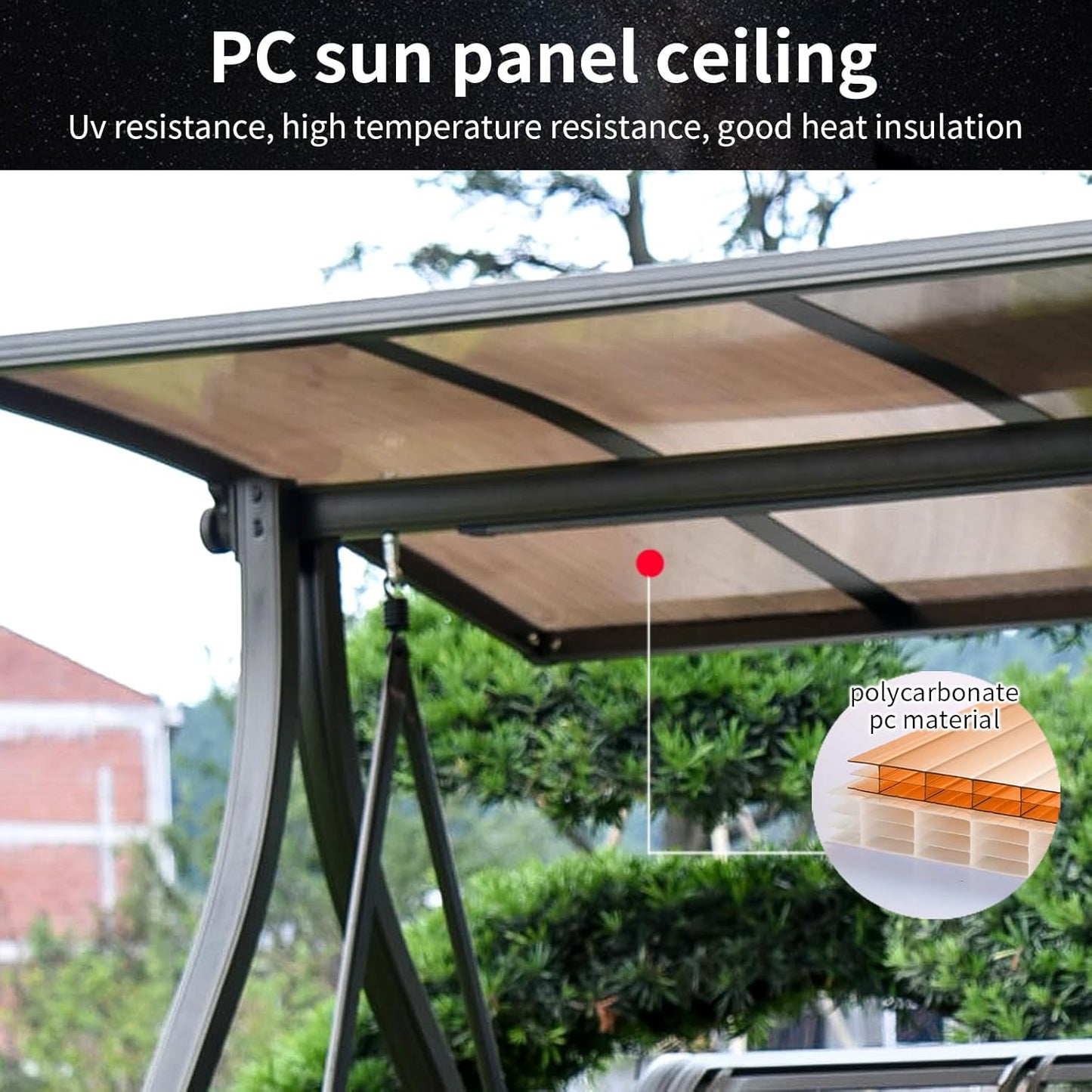 3-Seat Solar Outdoor Patio Swing Chair with Footrest Outdoor Porch Swing with Aluminum Frame Adjustable Tilt Canopy for Poolside Balcony Backyard (Floral Pillow + Brown Cushion)