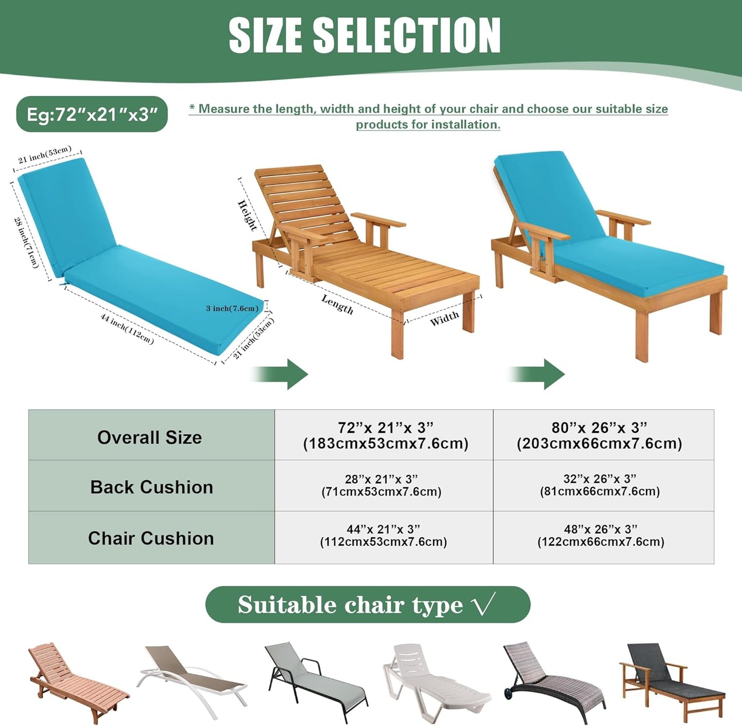 Chaise Lounge Cushions Outdoor - Waterproof and Fade Resistant Sun Lounger Replacement Cushions - Patio Lounger Pads with Removable Cover for Pool, Deck, Lawn, 72 x 21 x 3 Inch, Teal