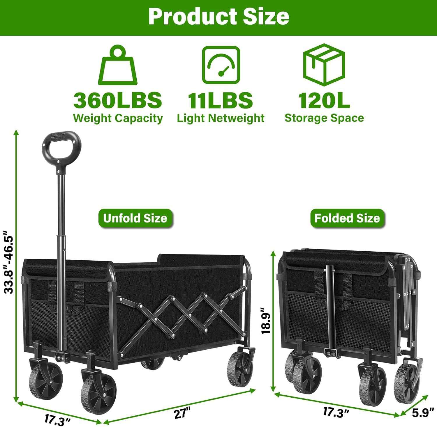 Folding Wagon Cart with All-Terrain Wheels – Heavy Duty Collapsible Utility Wagon for Grocery, Sports, Garden, Camping, Shopping (Black 360LBS)