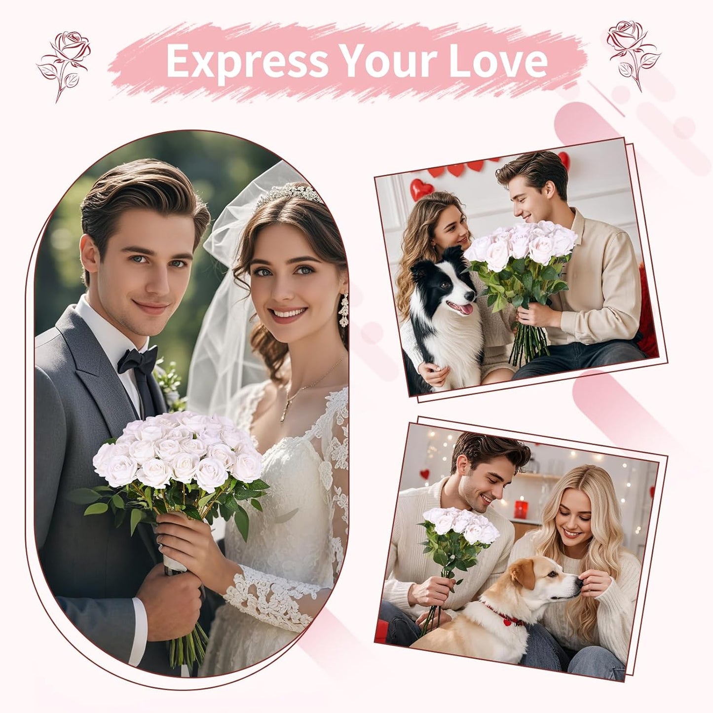 102 PCS Fake Roses Artificial Flowers Bulk, White Roses Bridal Bouquet Silk Faux Rose with Stems for Wedding Flowers Decoration, Valentine's Day, Bridal Bouquet, Anniversary,Home Decor(102PCS, White)