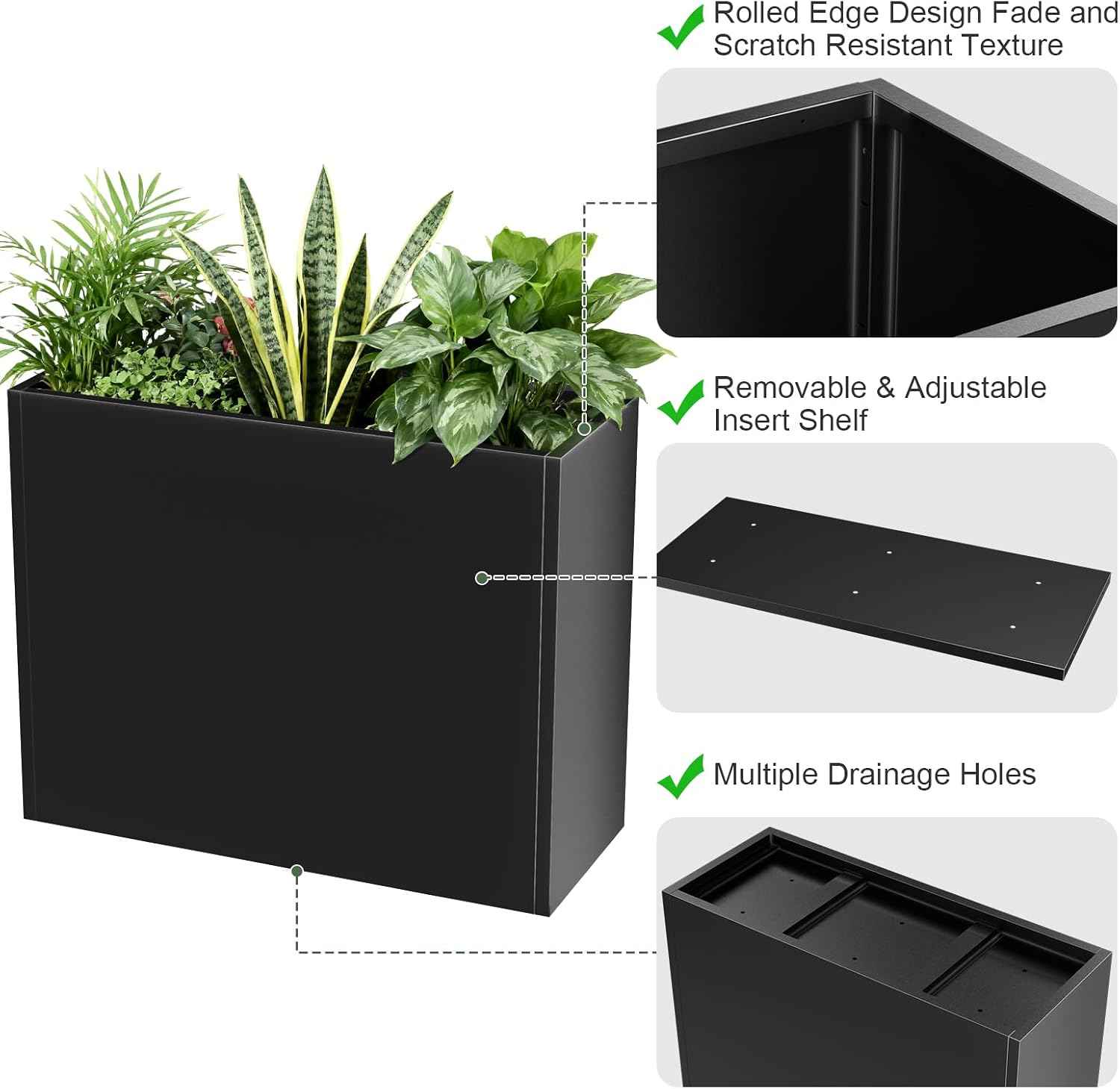 Nessxa Metal Planter Box for Outdoor Plants 38" L x 13" W x 30" H, Heavy Duty Steel Large Rectangular Planter Box with Removable Insert Shelf, Modern Décor for Tall Plants, Trees, Flowers (Black)