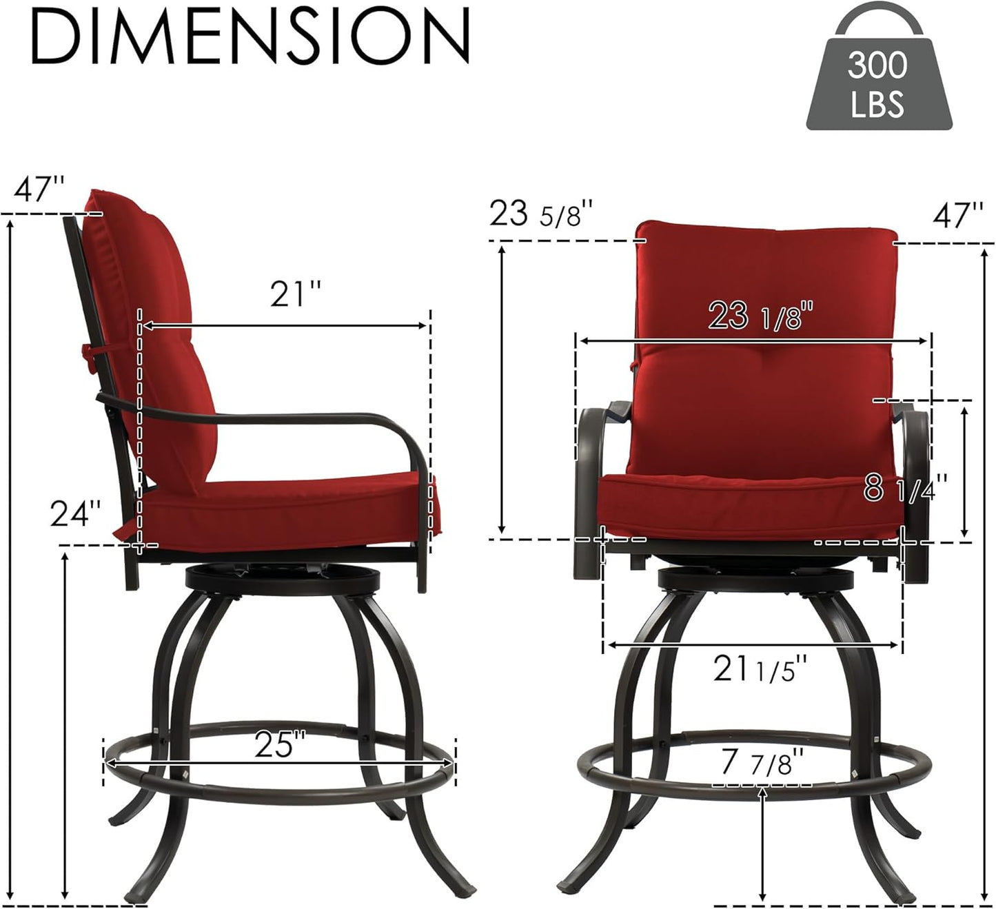Kozyard Isabella Outdoor Swivel Bar Chairs Set of 2, Counter Height Patio Bar Stools with Cushioned Seats, Weather-Resistant Metal Bistro Chairs for Backyard Dining Burgundy