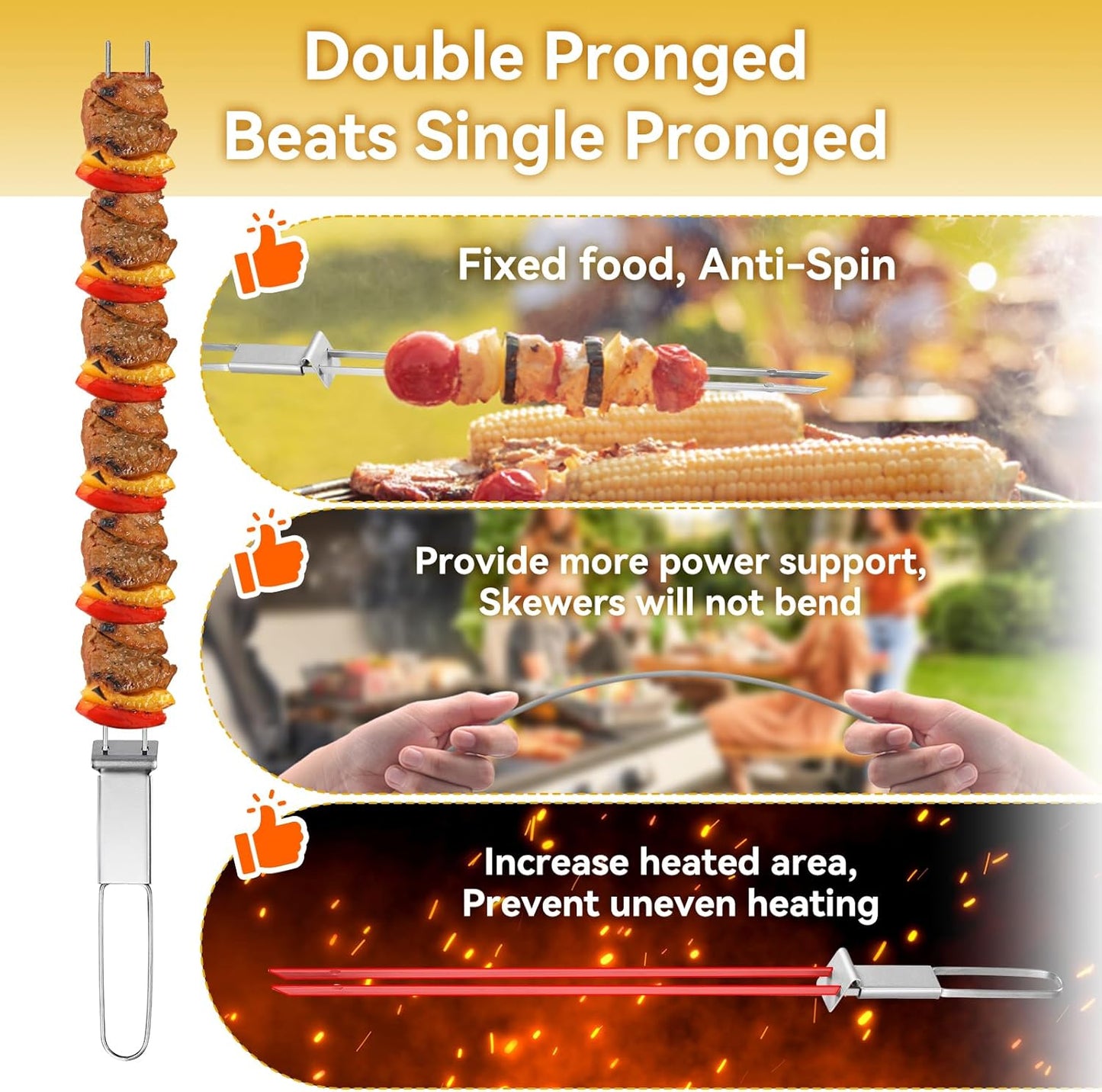 Skewers for Grilling - 13" Kabob Skewers with Push Bar Double Pronged Anti-Roll Metal Skewer for Kabobs, Stainless Steel Reusable BBQ Skewer for Grilling,Ideal for Meat Shrimp Vegetable 6pcs