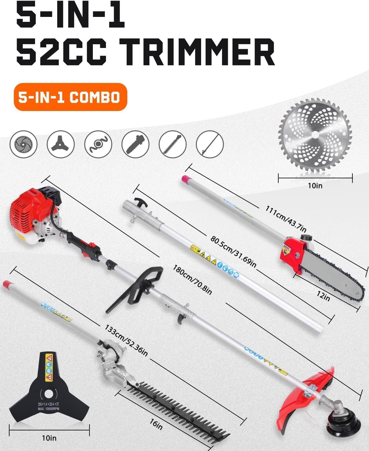 Powerful 52cc 5 in 1 Multi Functional Trimming Tools,Gas Hedge Trimmer,Weed Eater,String Trimmer, Brush Cutter,Pole Saw Chainsaw with Extension Pole, Rubber Handle & Shoulder Strap Included Red