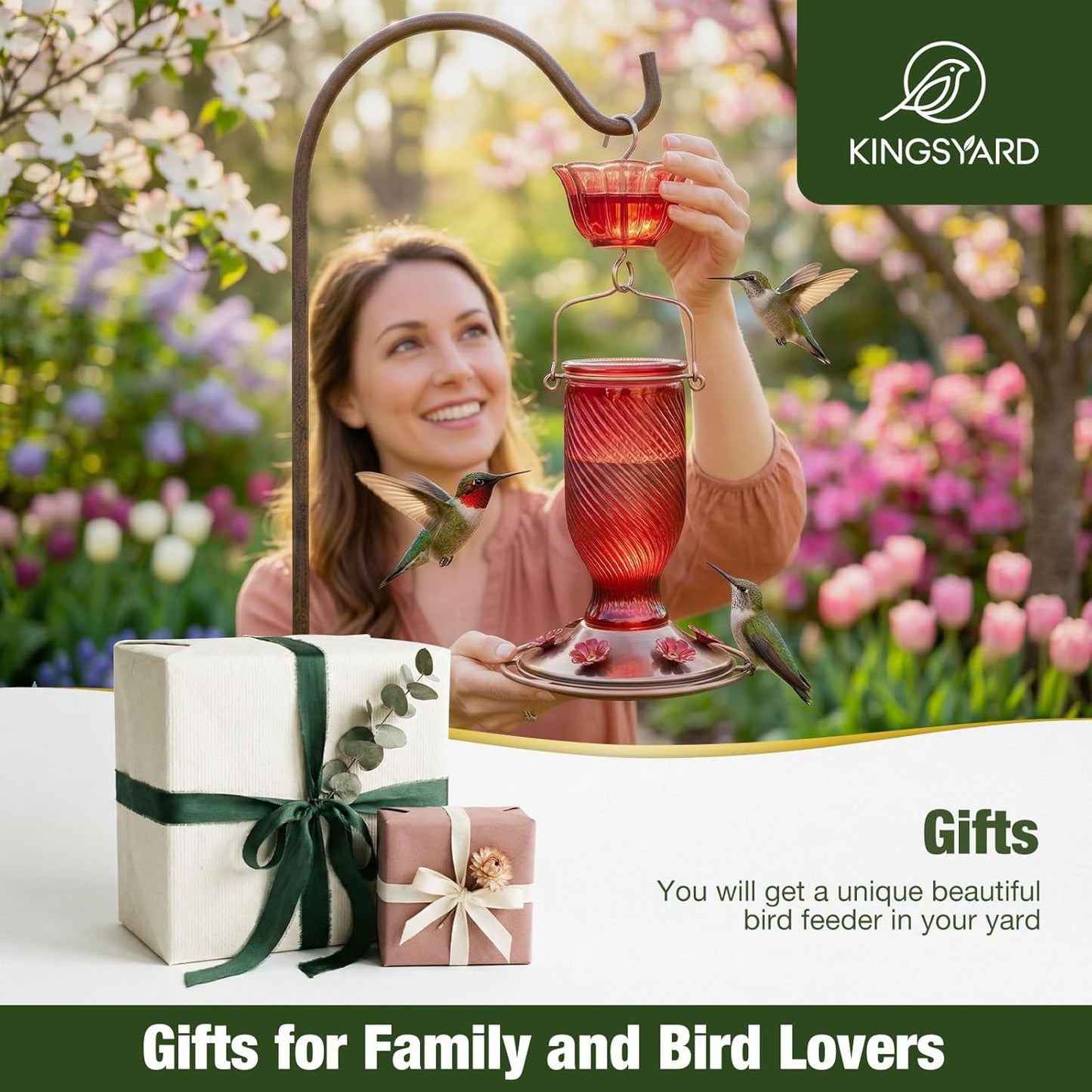 Kingsyard Glass Hummingbird Feeders for Outdoors, 24 oz Hummingbird Nectar Feeder for Garden Decorations with 6 Feeding Ports, Ant Moat Included, Gifts for Women Mom, Easy to Clean & Refill, Red