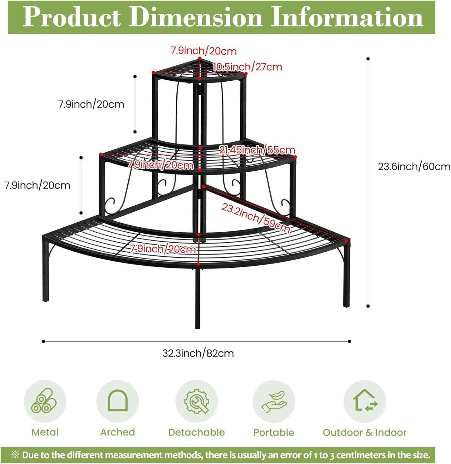 Plant Pot Stand Shelf, 3 Tier Flower Quarter Display Rack, Metal Succulent Plants Storage Holder for Outdoor and Indoor, Black