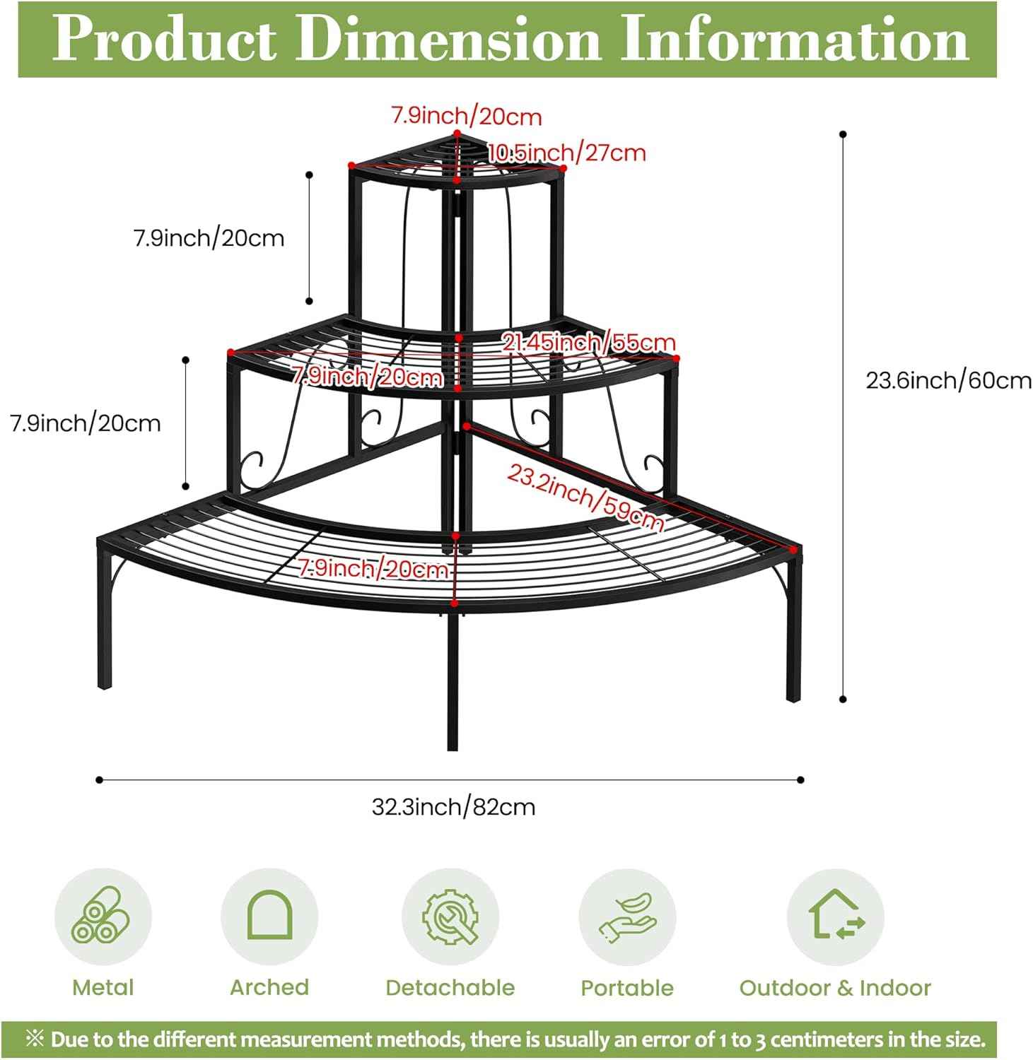 Plant Pot Stand Shelf, 3 Tier Flower Quarter Display Rack, Metal Succulent Plants Storage Holder for Outdoor and Indoor, Black