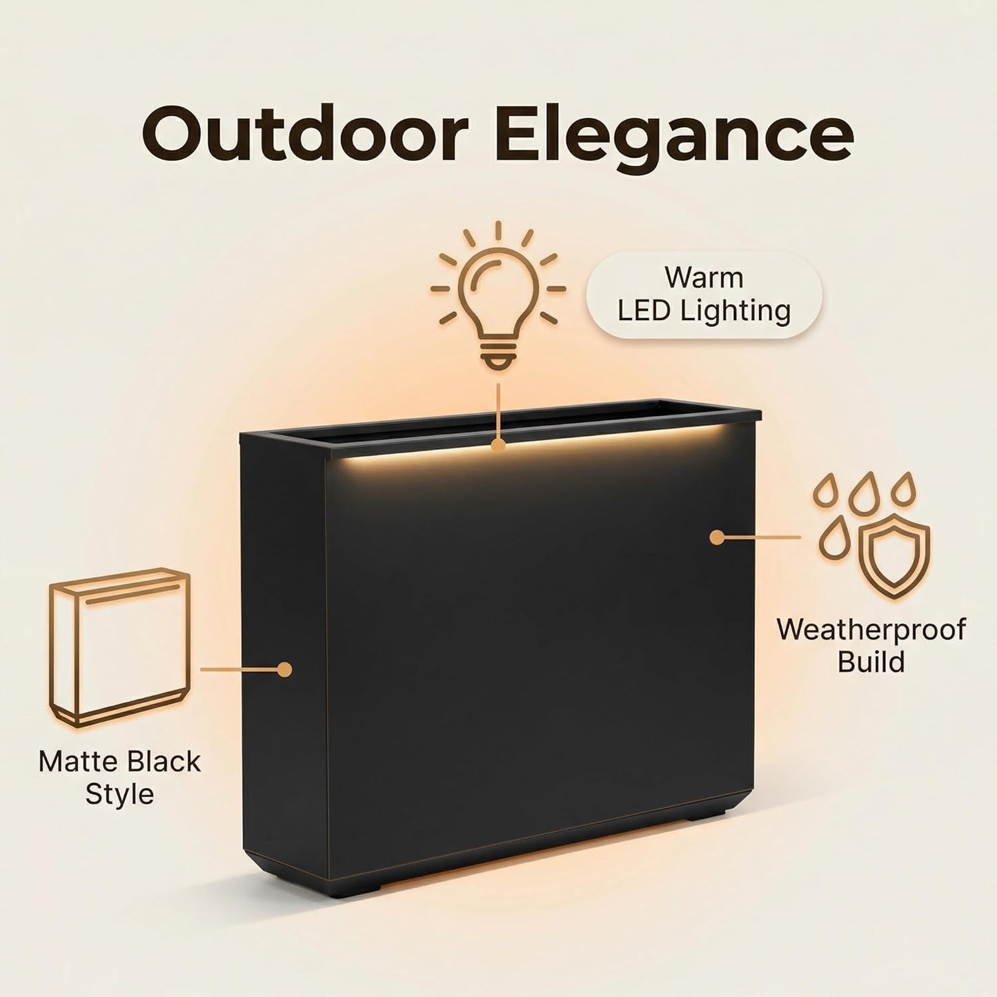 Metallic Heavy Planter with Two LED Light Strips, 38"L x 10"W x 30"H – Black