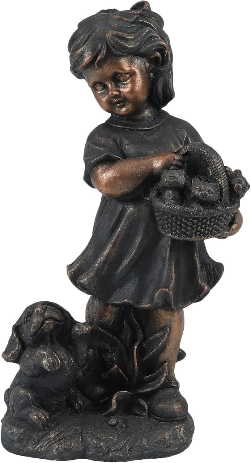 LuxenHome Garden Decor Statue,23" Fiber Stone Girl and Puppy Outdoor Statue, Bronze Garden Sculpture, Outdoor Art for Patio Courtyard Backyard Decor, House Warming Gifts