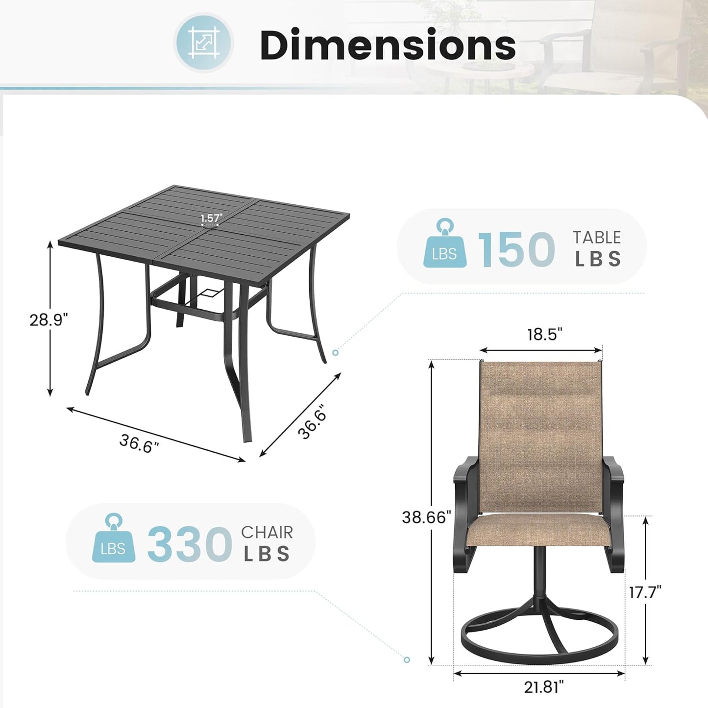 5 Pieces Patio Dining Set, Padded Patio Outdoor Furniture Set of 4 Patio Swivel Dining Chairs and 36" Patio Spliced Square Tabletop with Umbrella Hole, for Deck, Backyard, Poolside & Garden