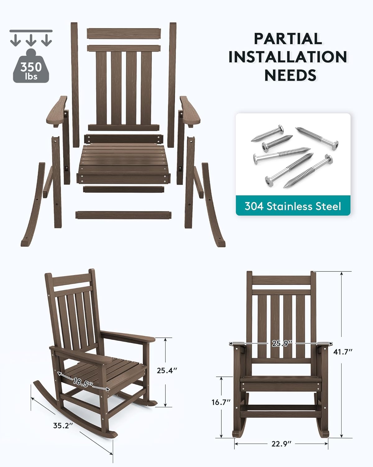 SERWALL HDPE Rocking Chair, Outdoor Rocking Chair for Adults, All Weather Porch Rocker for Lawn Garden, Coffee