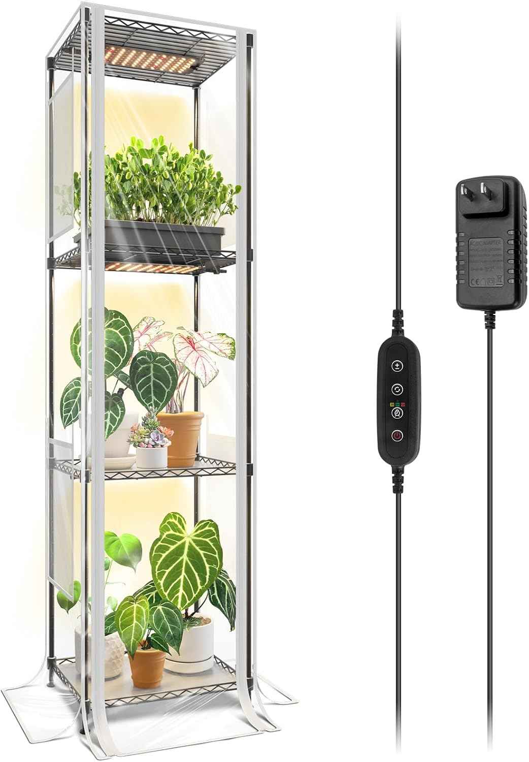 CX83Z Indoor Greenhouse with Grow Light, 4-Tier Corner Plant Stand, 30W Full Spectrum Growing Light Panels, Mini Greenhouse with Tent for Seed Starting, 3/6/12h Timer, 15.7 x 11.8 x 59.1IN