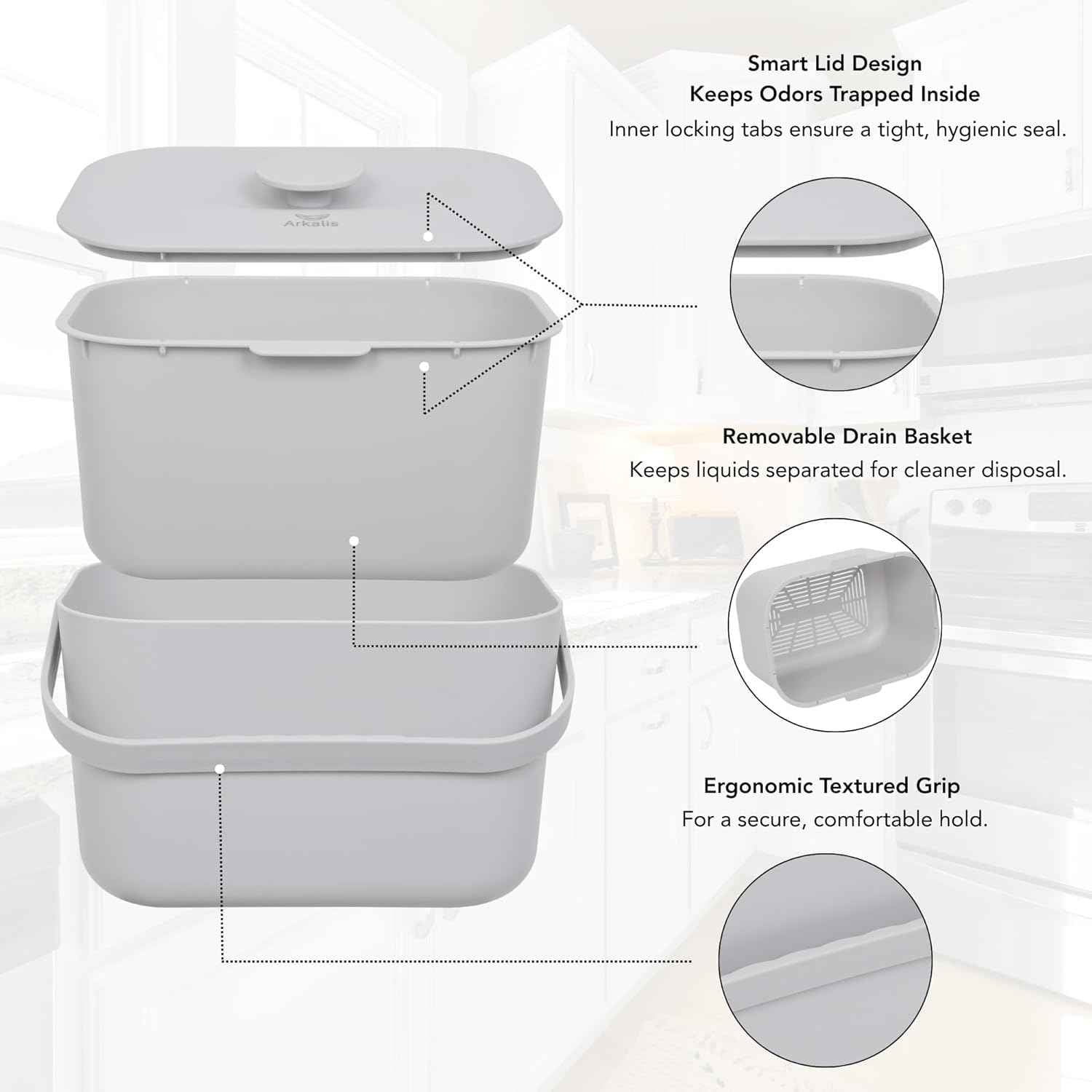 Kitchen Compost Bin – 1.3 Gallon Countertop Compost Bin with Lid, Odor-Blocking, No Charcoal Filters Needed, Indoor Compost Bin with Removable Basket, Easy Clean