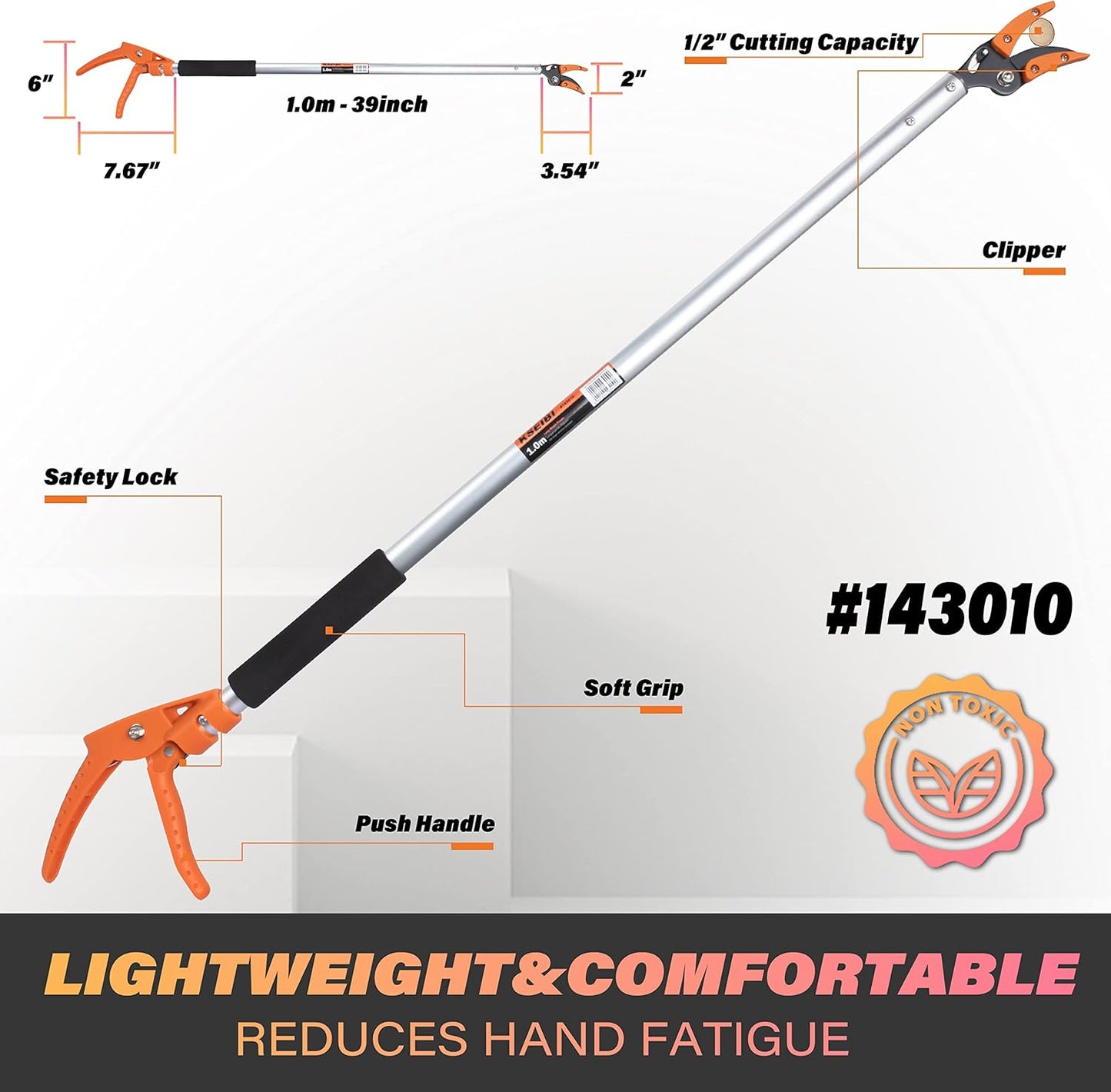 KSEIBI 143010 Long Reach 3.5 ft (1.0m) Cut & Hold Bypass Pruner - Lightweight Aluminum, Rust-Resistant, Ergonomic Grip, 1/4" Max Cut - Ideal for Precision Gardening & Pruning