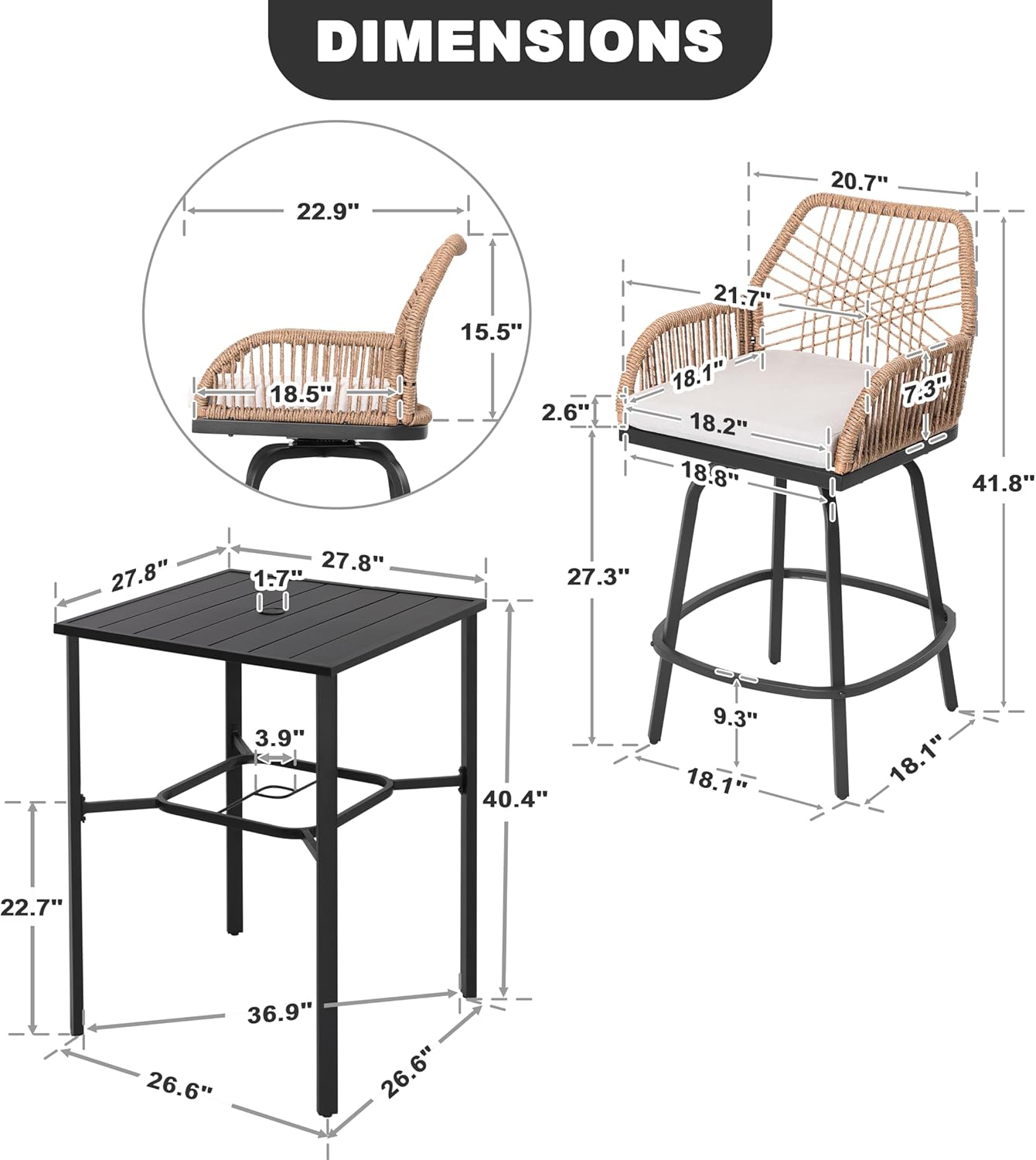 NUU GARDEN 5-Piece Patio Bar Set, All Weather Rattan Swivel Stools, 360 Degree Outdoor Swivel Bar Set for Backyard, Balcony, Garden and Poolside, Black and Beige
