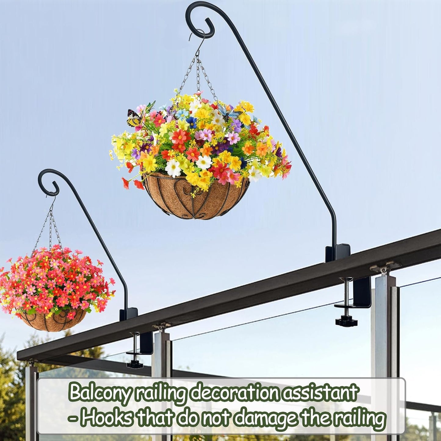 Heavy Duty Deck Hook,Courtyard Decoration,Pole 32”Long Metal Deck Railing Hooks for Hanging Bird Feeders,Planters,Suet Baskets,Lanterns,Wind Chimes,Clamp Mounted,Under 15 LBS