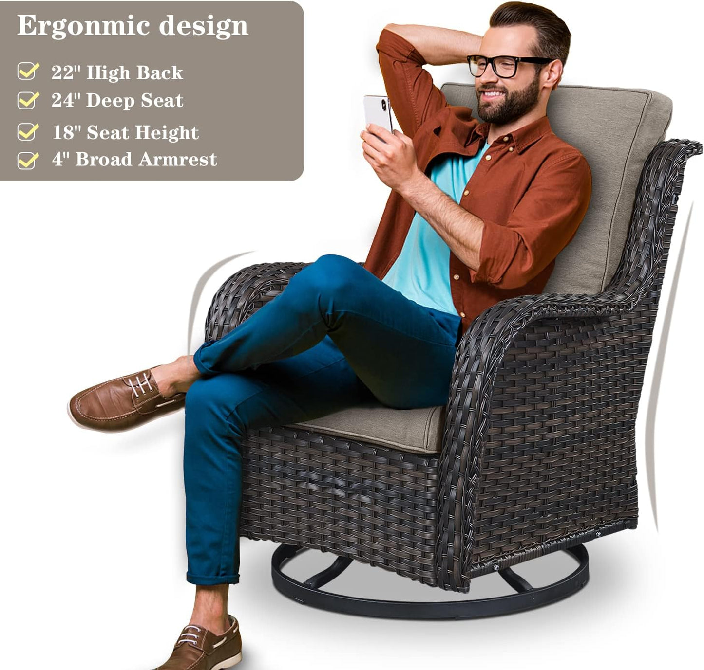 Wicker Outdoor Furniture Patio Furniture Set - 6 Piece Patio Conversation Set with Swivel Rocker Chairs, Loveseat Sofa, Ottomans and Coffee Table, Gray Cushion