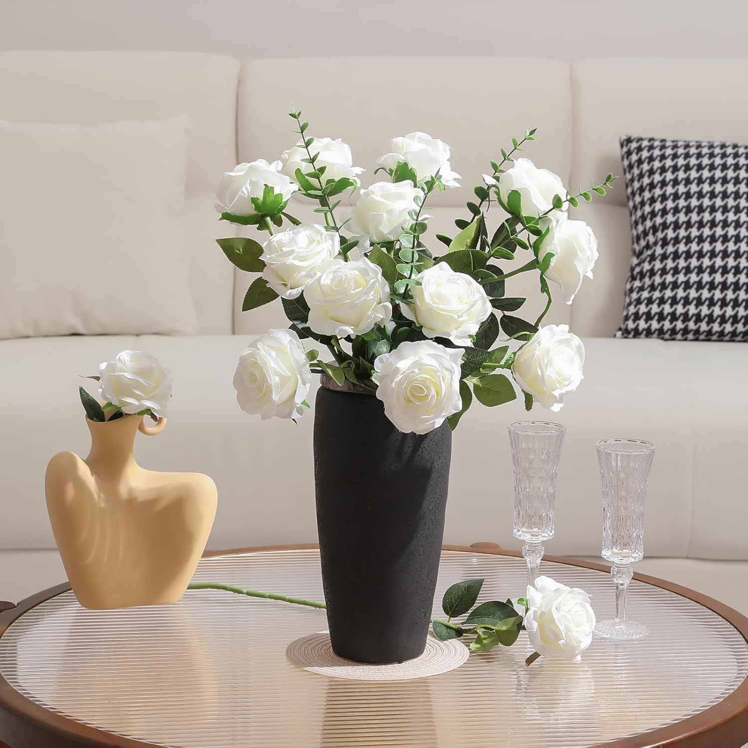 Tifuly White Roses Artificial Flowers -12 pcs Realistic Single Long Stem Fake Silk Roses Bouquet for Party Home Wedding Centerpiece Office DIY Decor（Off White）