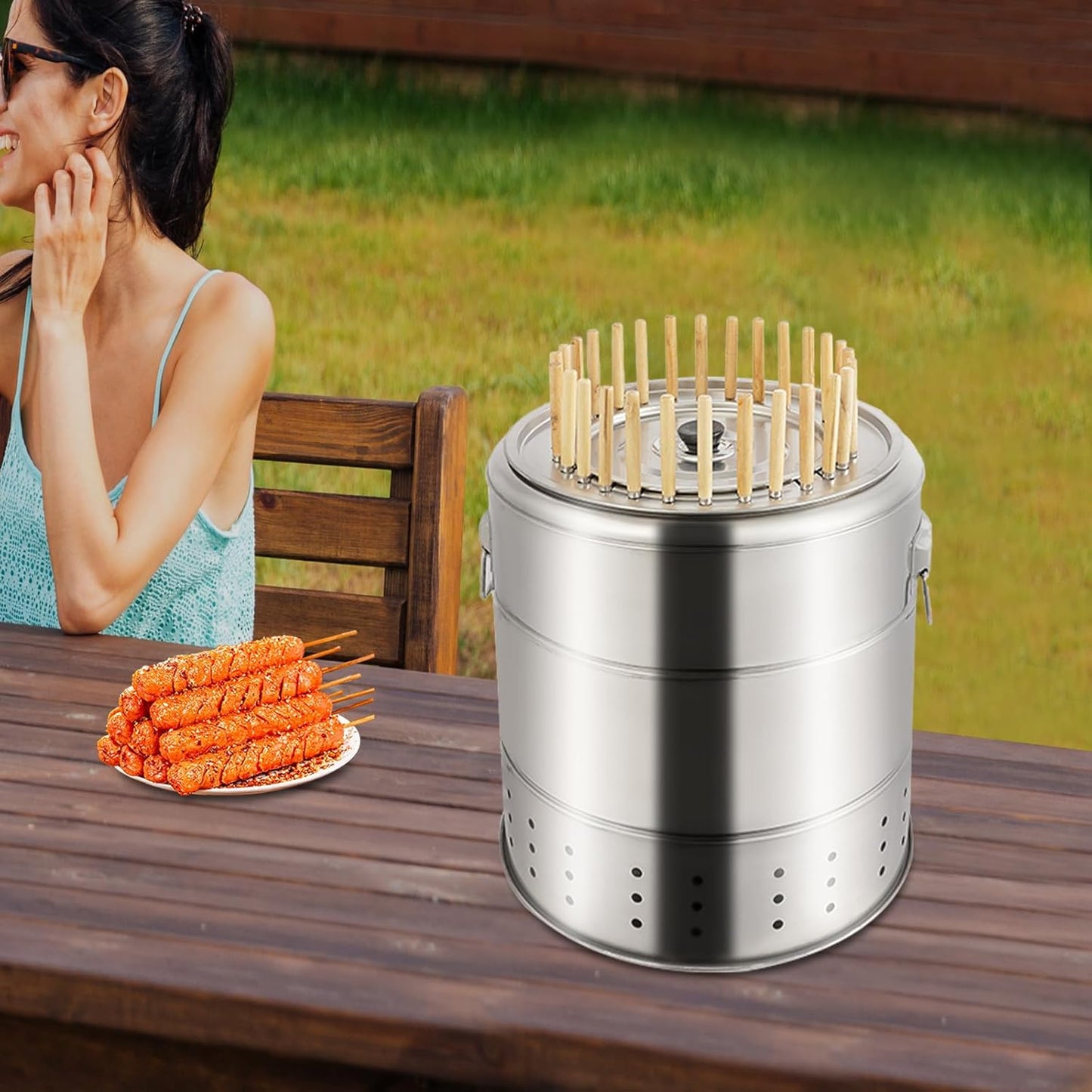 28 Skewer Charcoal Barrel Grill,360° Smokeless Portable Outdoor BBQ Grill with Stainless Steel Surround,Large Capacity for 6-10 People,for Picnics Camping Travel & Backyard