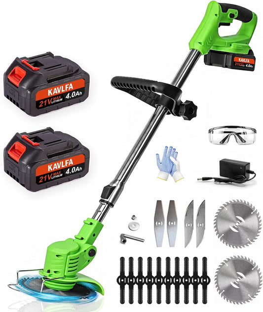 Electric Weed Wacker Cordless, 21V Weed Cordless Eater, 4 in 1 Lightweight Stringless Brush Cutter, with 2 Pcs 4.0 Ah Battery Grass Trimmer, 4 Types Blades for Yard Clearing (Green)