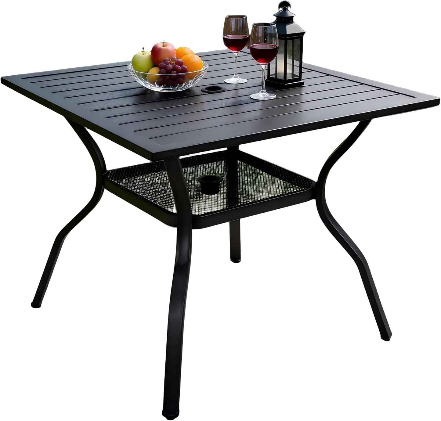 Outdoor Patio Dining Table for 4 People, 37" All-Weather Resistant Metal Square Table with Adjustable Umbrella Hole for Garden Backyard Porch Poolside, Black